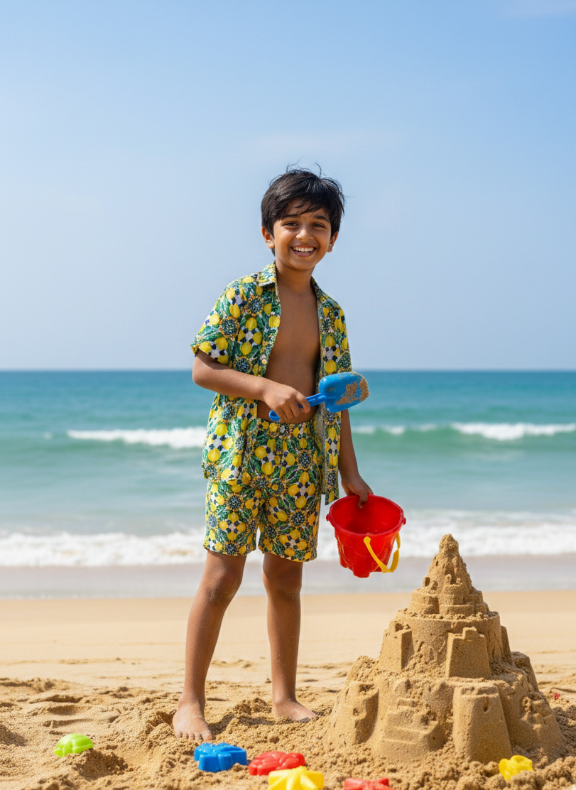 Designer Amalfi Shirt for boys in quick dry sustainable fabric with half sleeves, customized fit, plus sizes and family sets. Comfortable, lightweight beachwear and resort wear for summer outings.