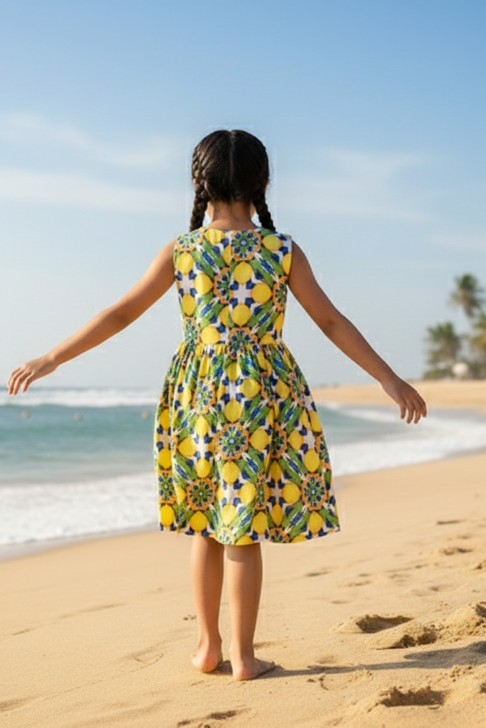 Designer, sleeveless Amalfi Dress for Girls in quick-dry sustainable fabric, V neckline, front buttons, customized fit and plus sizes. Comfortable beachwear for summer outings.