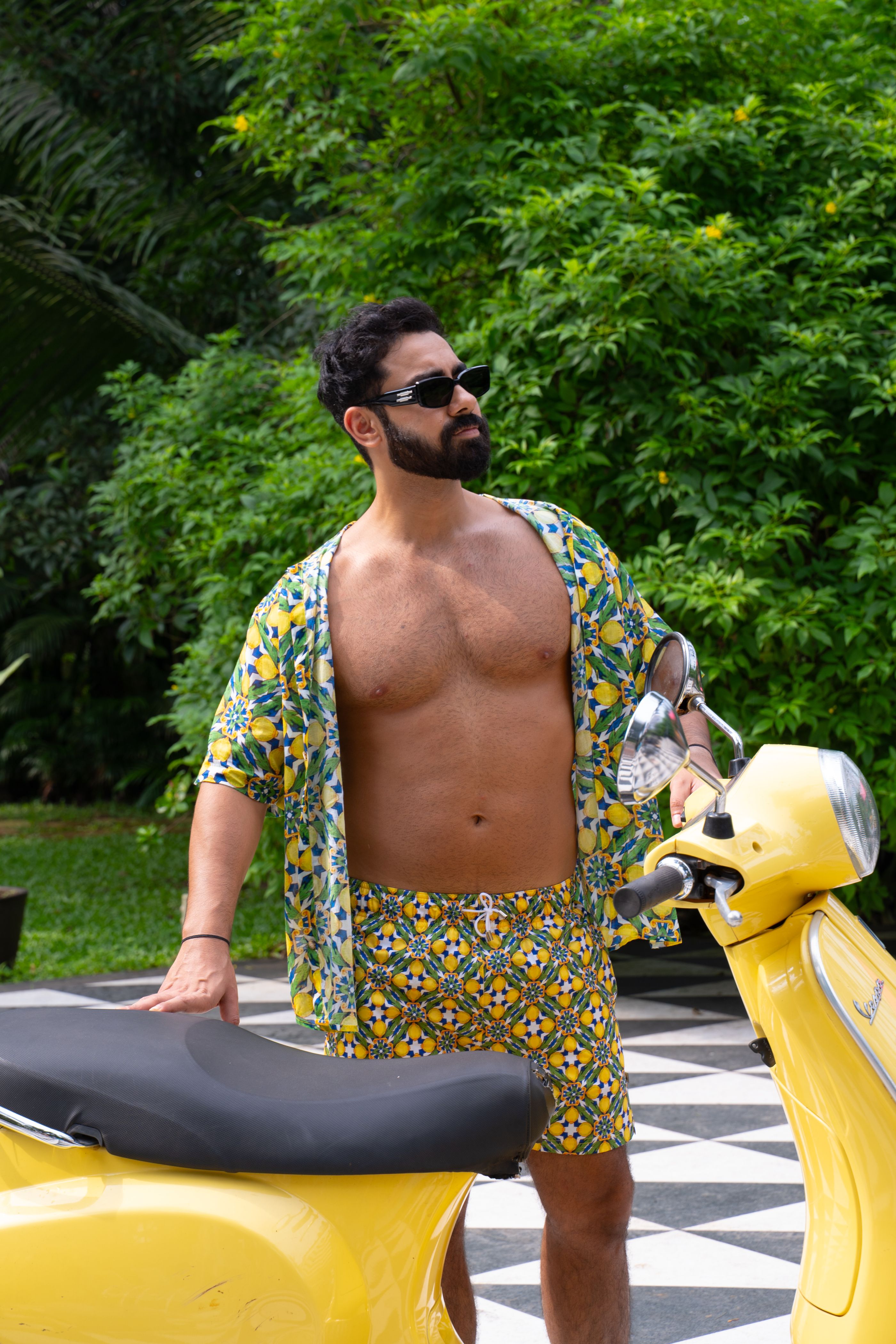 Designer, sustainable Amalfi men’s beachwear shirt with custom-fit comfort, plus sizes, and a matching family set. Ideal for layering over swimwear and creating a resort-style look