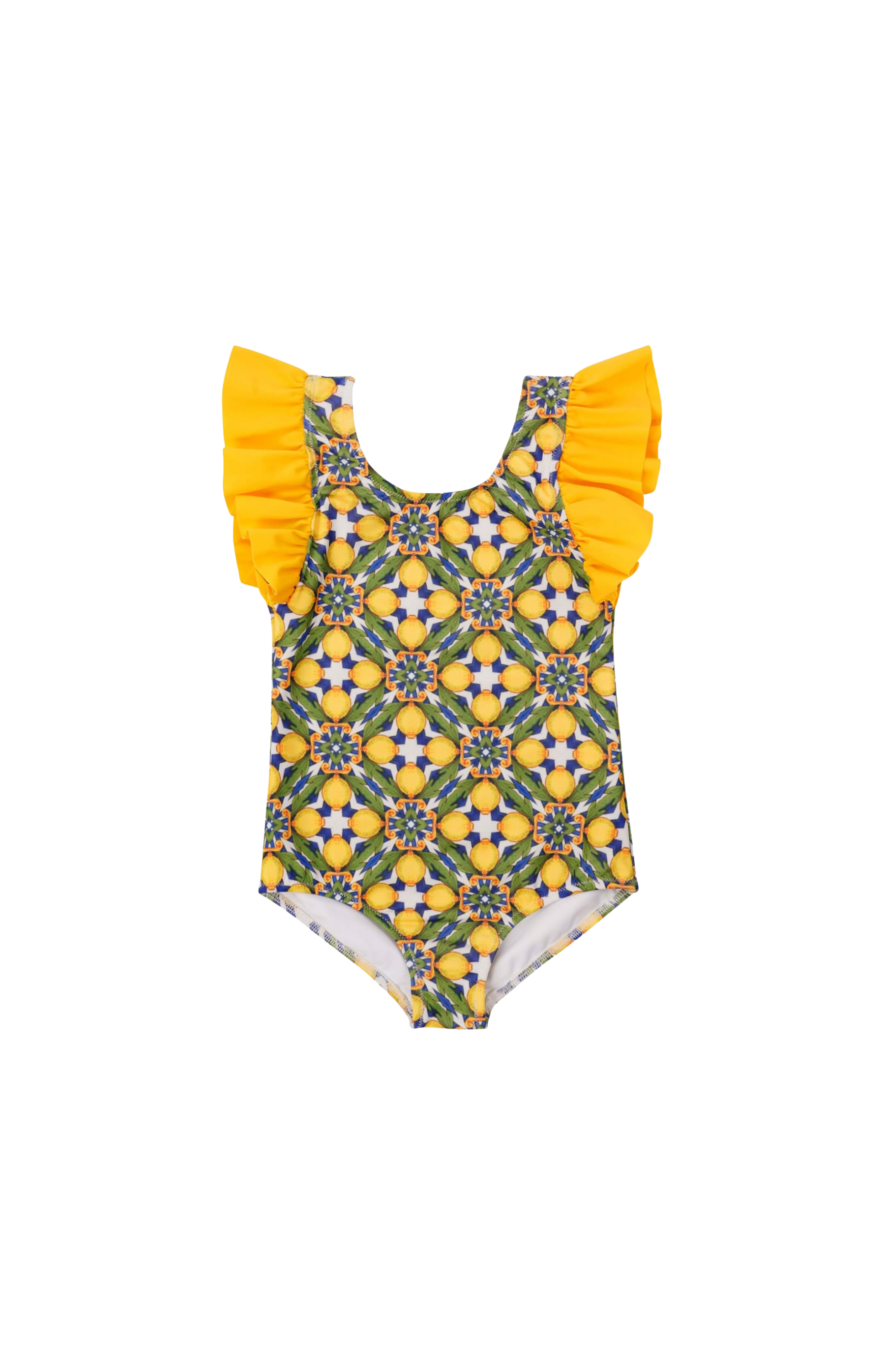 Designer, sustainable Amalfi girls swimsuit in lemon print, scooped neckline, ruffle sleeves, custom fit, plus sizes and matching family set. Ideal swimwear for beach and resort getaways.