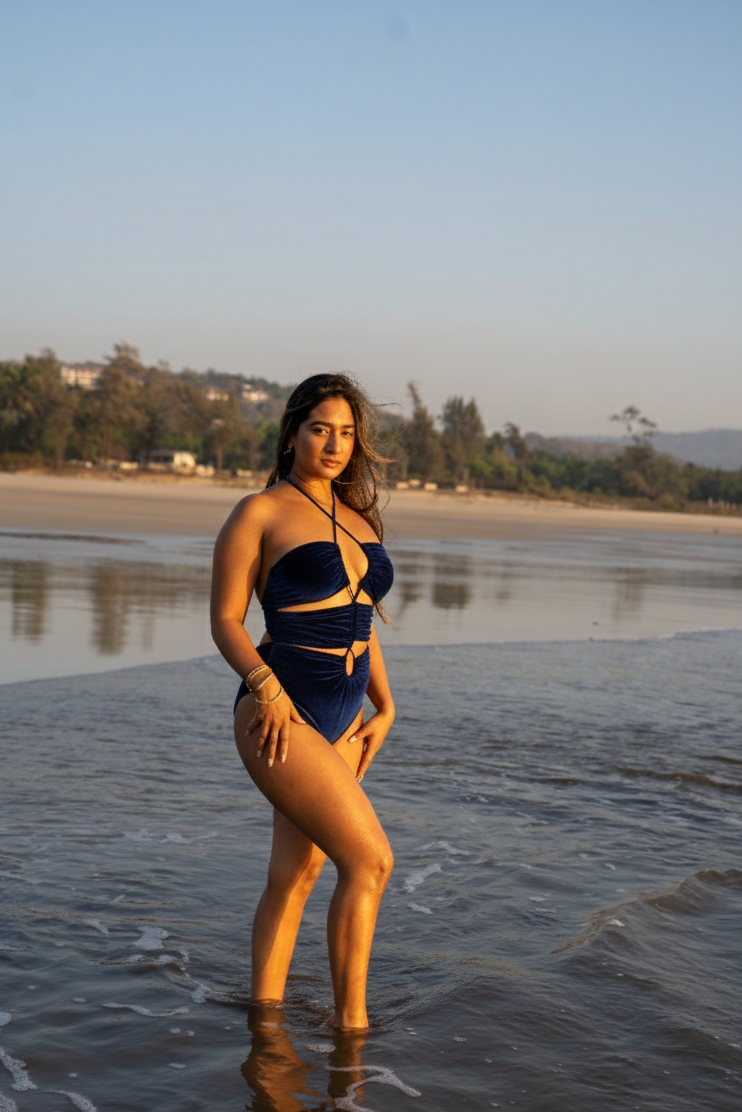 Navy Blue strappy cut-out bikini set with crisscross detail and high-waisted bottoms, statement beach swimwear