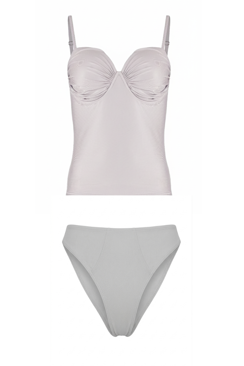 Astra tankini bikini set for women, pink and grey swimwear, stylish beachwear, comfortable custom fit, chic and breathable design