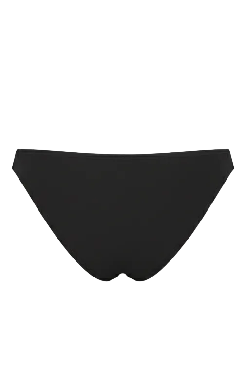 Designer Audrey bikini bottom in black, with a low waist customized fit and plus sizes. Stylish bottom swimwear for women, designed for beachwear and resort wear.
