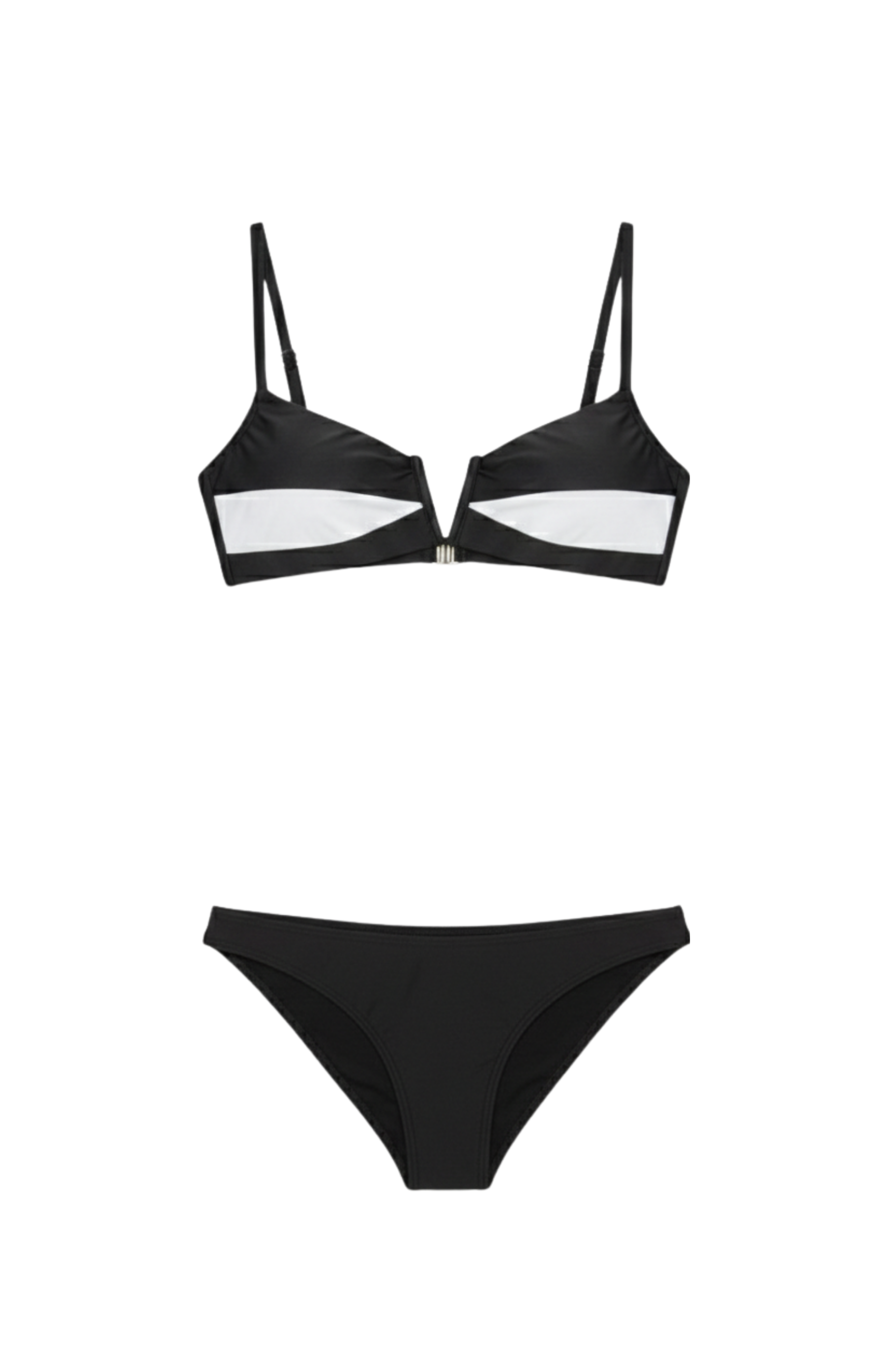 Designer Audrey Bikini Set for women in black with V wire, removable cups, low waist bottom with cheeky coverage and plus sizes. Stylish swimwear for sexy summer looks.