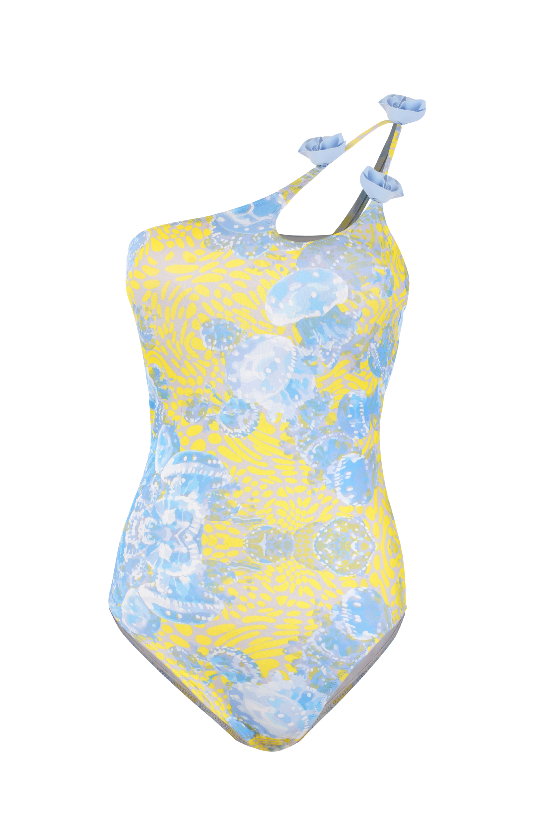 Designer, sustainable Bergamo monokini swimsuit for women with floral print, 3D flowers and plus sizes. Stylish swimwear designed for sexy summer looks, beachwear and resort wear.