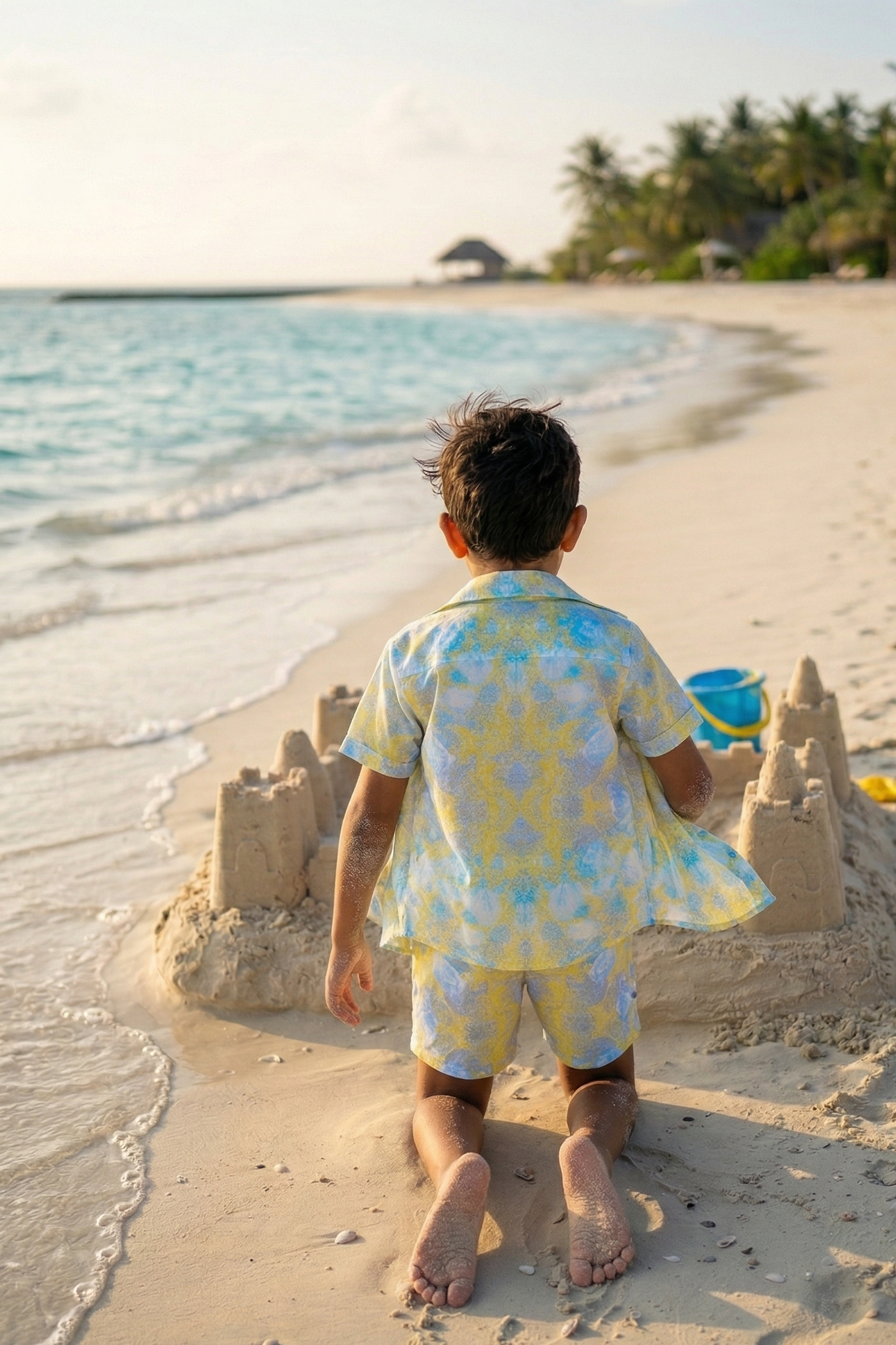 Designer, printed Bergamo beach shirt for boys in half sleeves, customized fit, plus sizes and matching family set. Comfortable beachwear designed for summer adventures.