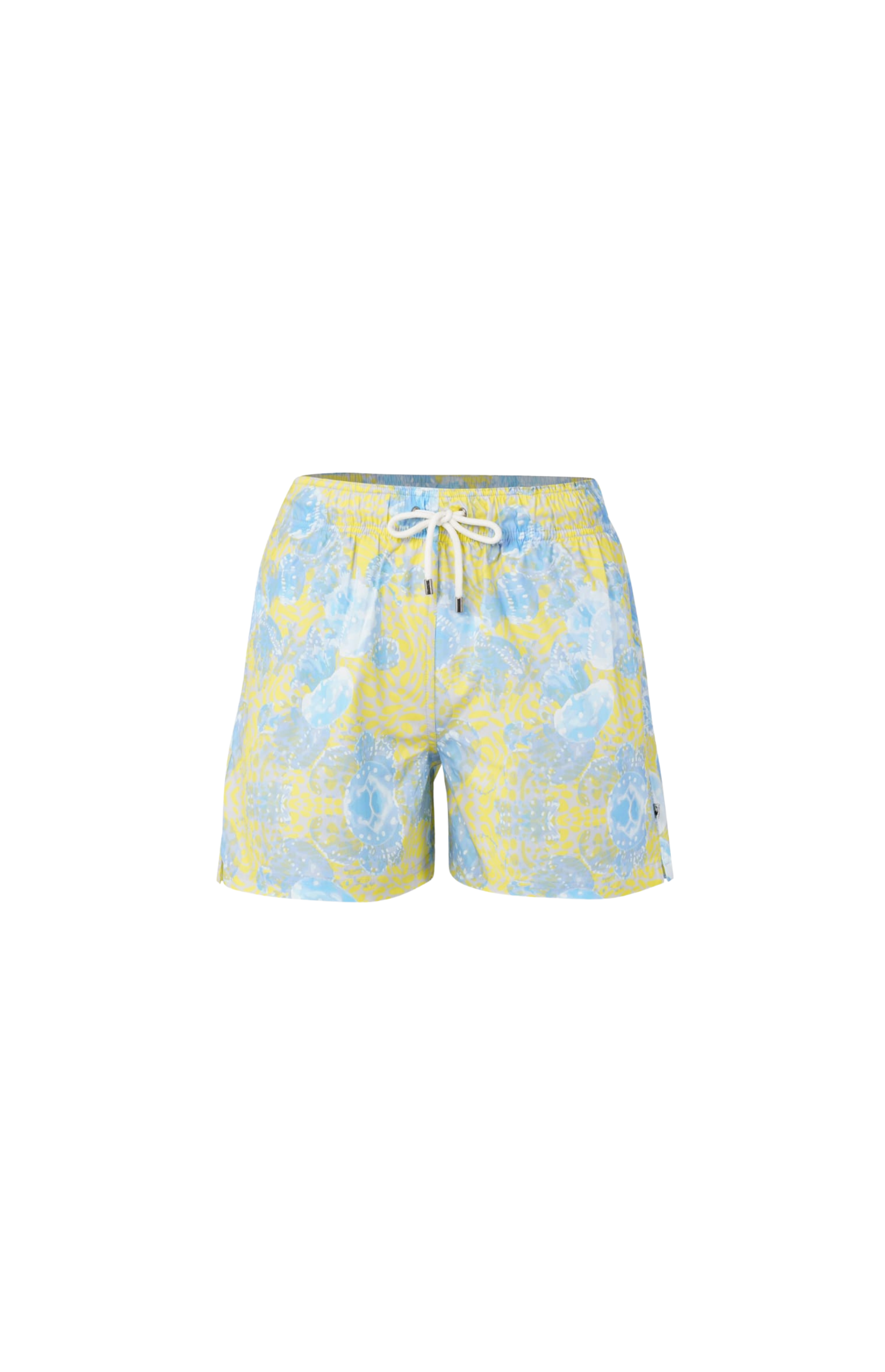 Designer Bergamo swim shorts for boys in lemon yellow with oceanic print, drawstring, elastic waistband, custom fit, plus sizes and family set. Comfortable swimwear for summer adventures.
