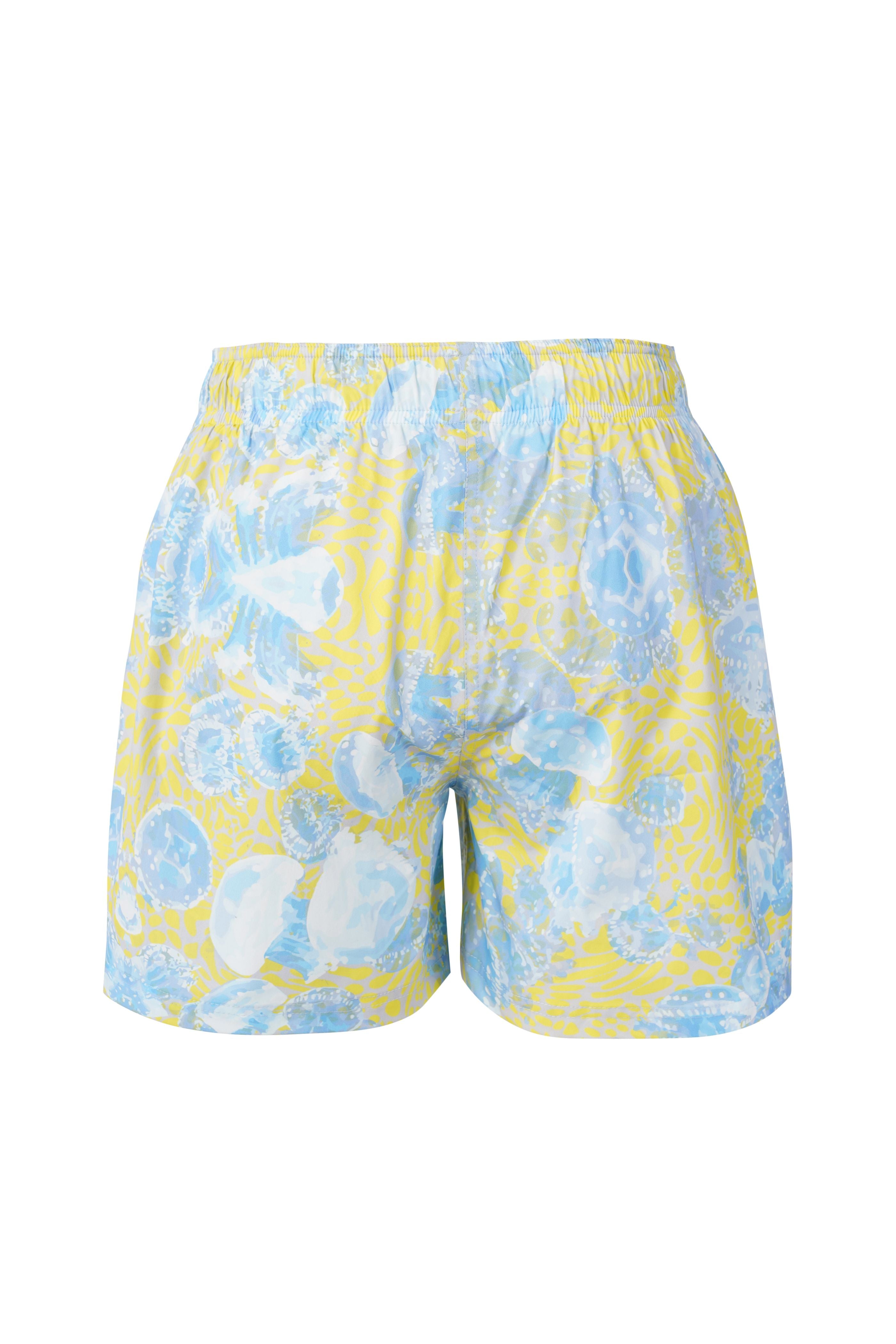 Designer Bergamo swim shorts for boys in lemon yellow with oceanic print, drawstring, elastic waistband, custom fit, plus sizes and family set. Comfortable swimwear for summer adventures.