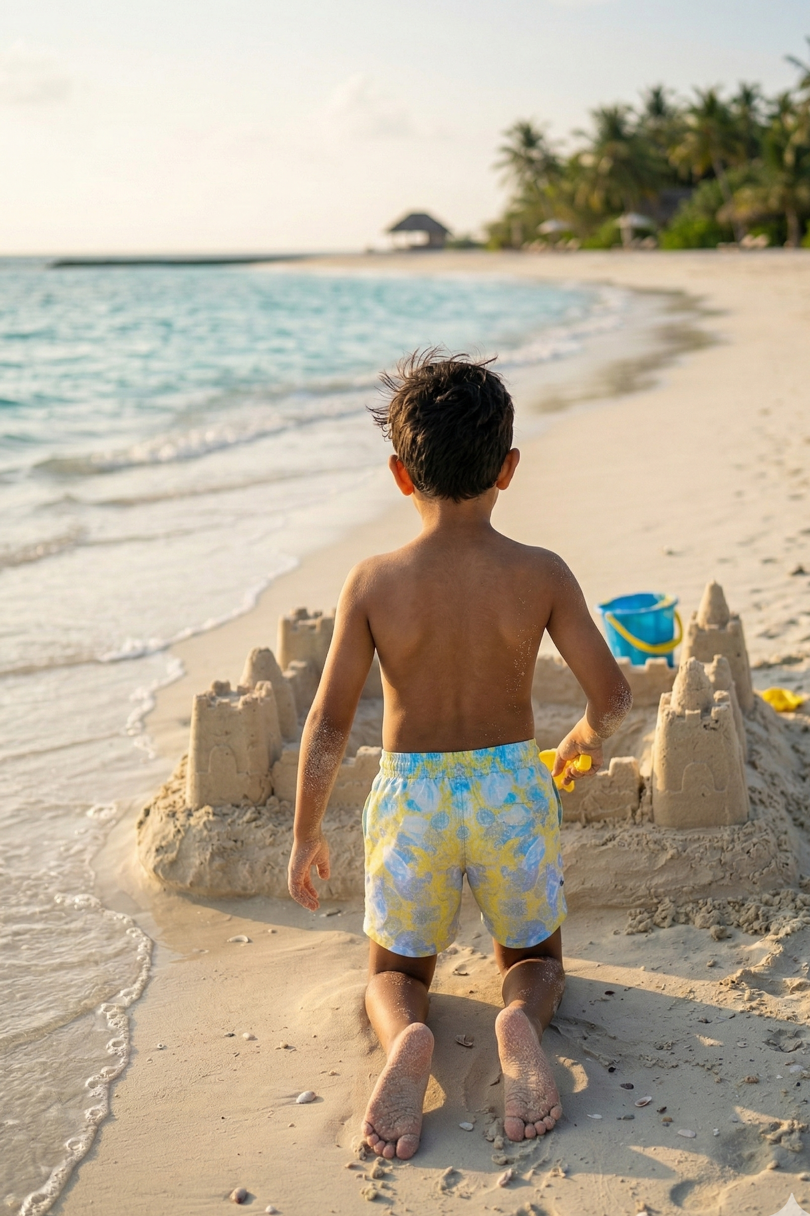 Designer Bergamo swim shorts for boys in lemon yellow with oceanic print, drawstring, elastic waistband, custom fit, plus sizes and family set. Comfortable swimwear for summer adventures.