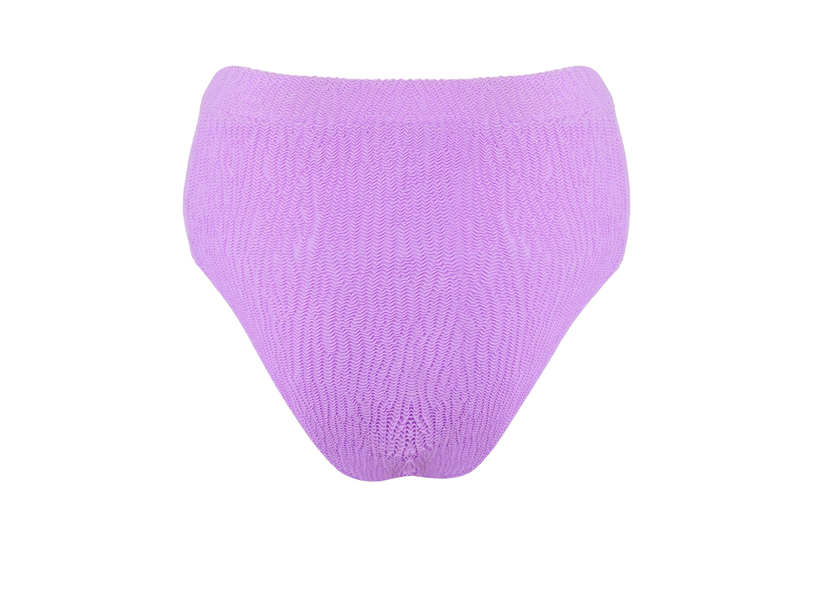 Designer Capri Bikini Bottom for women in purple and pink crinkled fabric, high waist customized fit and plus sizes. Stylish swimwear for sexy summer looks.
