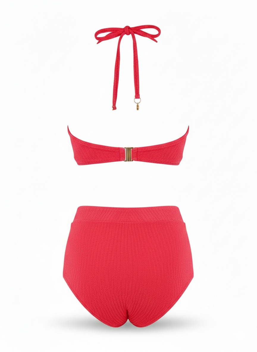 Designer Capri Bikini set for women in hot pink with halter neck design, high waist bottoms with full butt coverage, sea shell ring and plus sizes. Stylish swimwear for sexy summer looks.