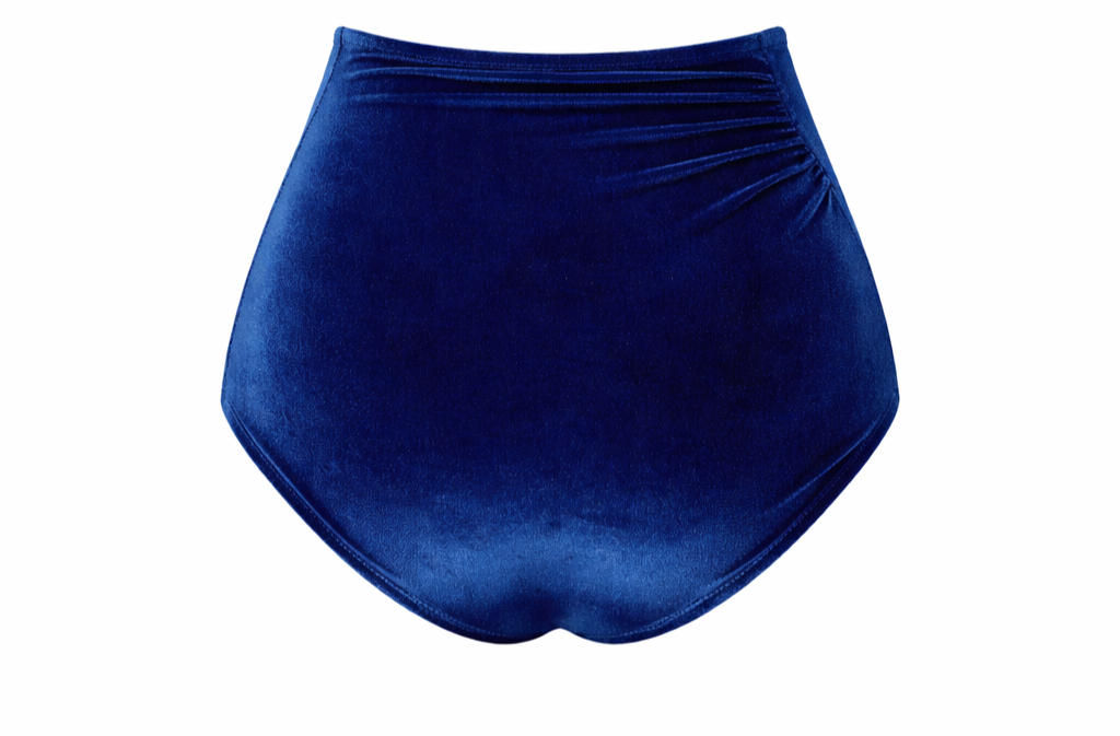 Designer Celestial Dive Bikini Bottom for women in blue and orange quick-dry velvet fabric with a high-waist customized fit, SPF 50 UV protection and plus sizes. Stylish swimwear for sexy summer looks.