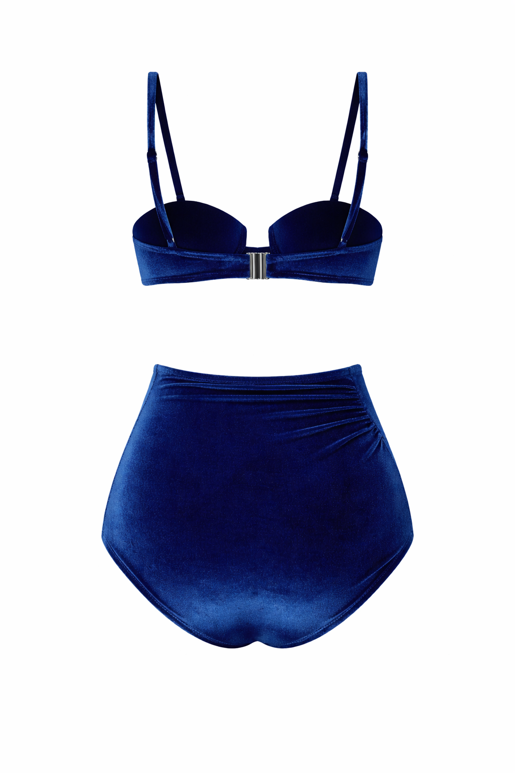 Designer, custom fit Celestial Dive Bikini Set for women in blue and orange quick-dry velvet fabric with underwire, adjustable straps, high-waist bottom and plus sizes.