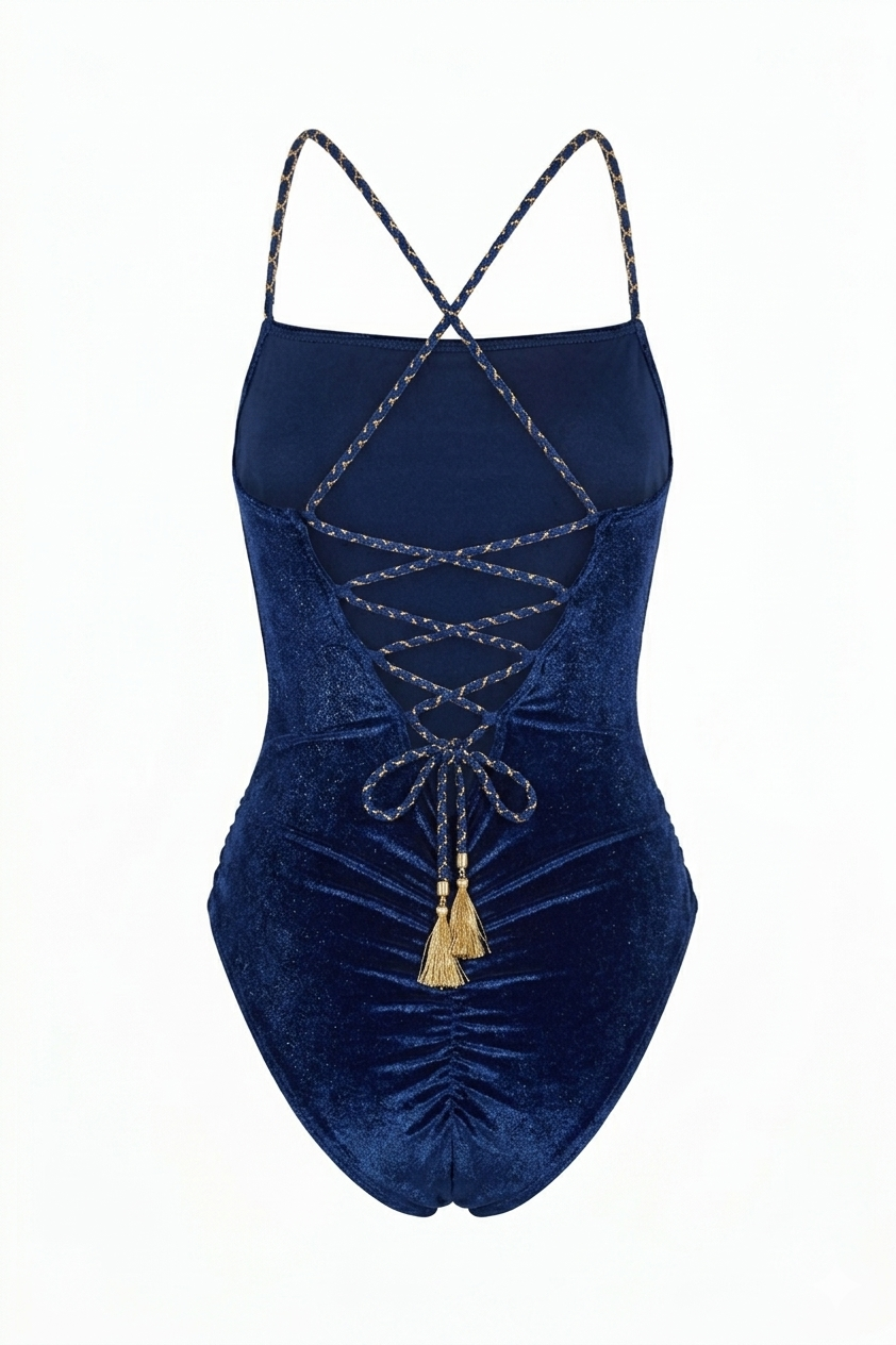 Designer, stylish Celestial Dive Monokini swimsuit for women in blue and orange quick-dry velvet fabric with adjustable lace-up design, gold tassels, SPF 50 UV protection, customized fit and plus sizes.