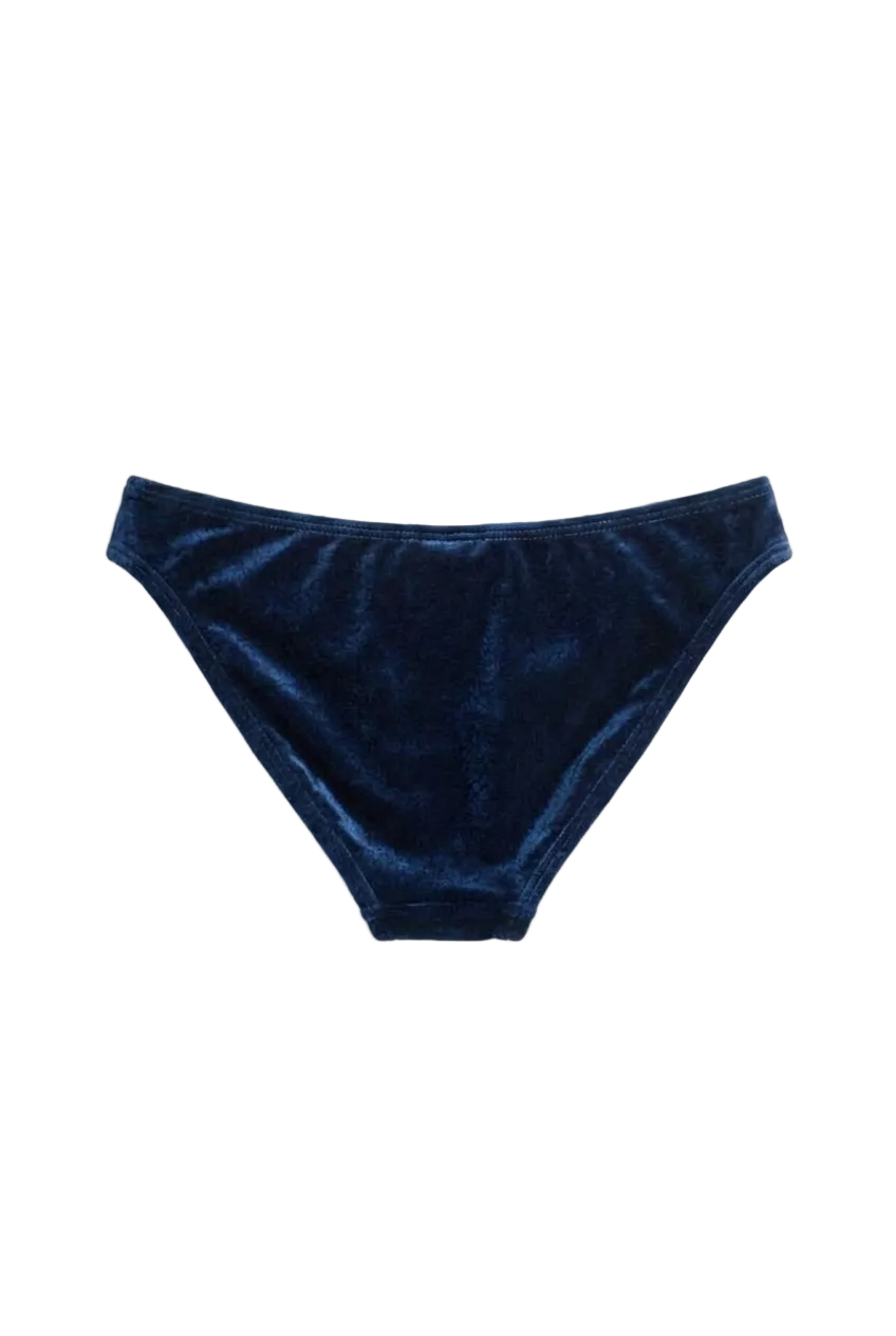 Designer, quick-dry Daydream navy blue and purple bikini bottom for women in velvet, with a low waist customized fit, regular coverage and plus sizes. Stylish swimwear for sexy summer looks.