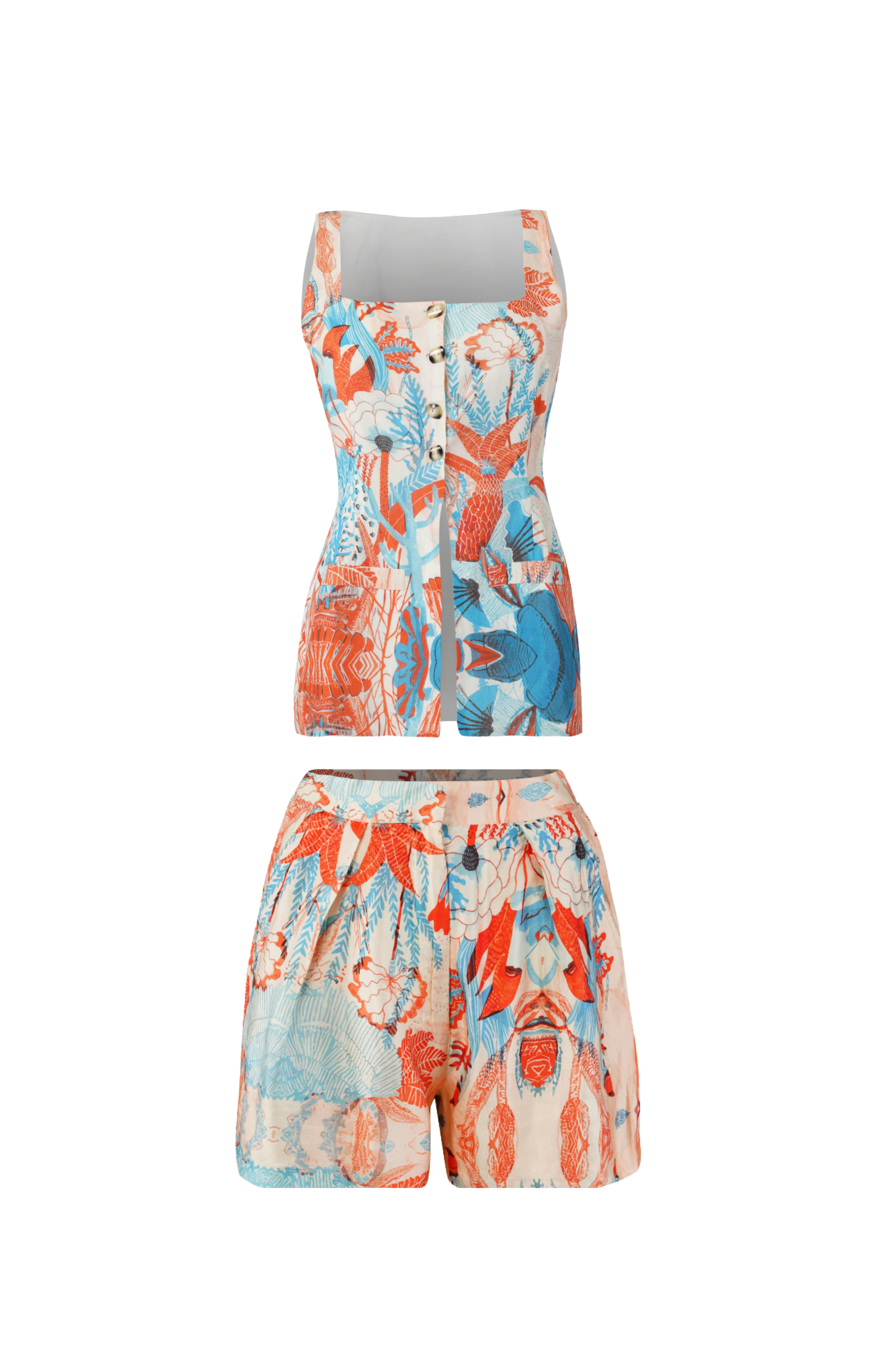 Designer, sustainable Firenze Coord set for women with high waist shorts, sleeveless vest top, customized fit and plus sizes.