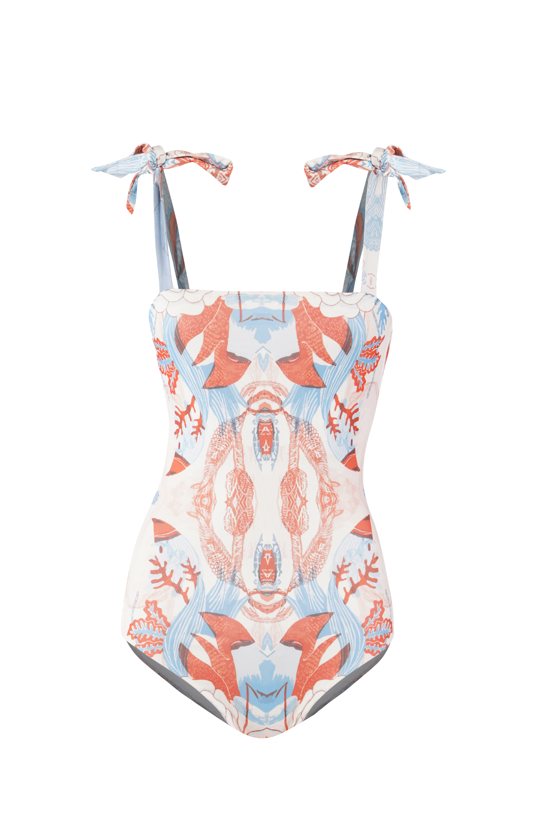 Designer Firenze monokini for women in tropical printed sustainable fabric, square neck line, shoulder ties, back clasp, custom fit and plus sizes. Sexy swimwear for stylish summer looks.