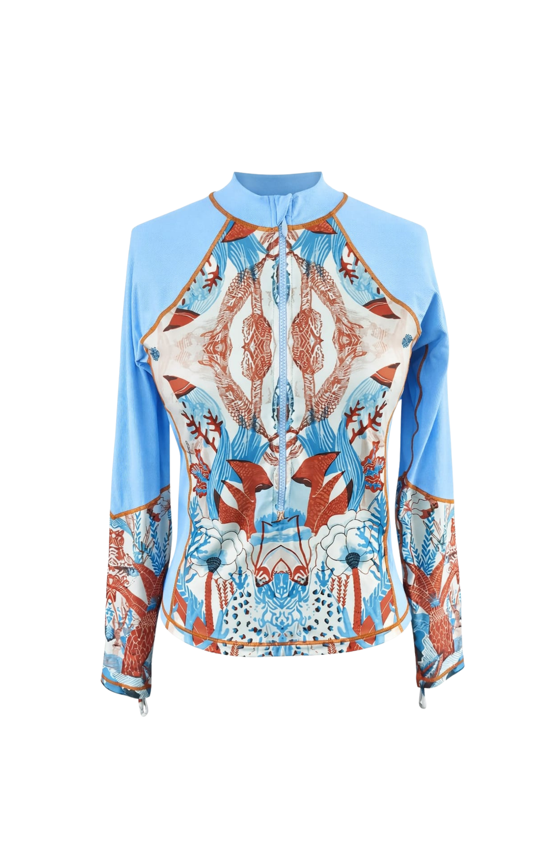 Designer, unisex Firenze rash guard made from quick-dry sustainable fabric in blue with an oceanic design, long sleeves, front zip, SPF 50 UV protection & plus sizes.