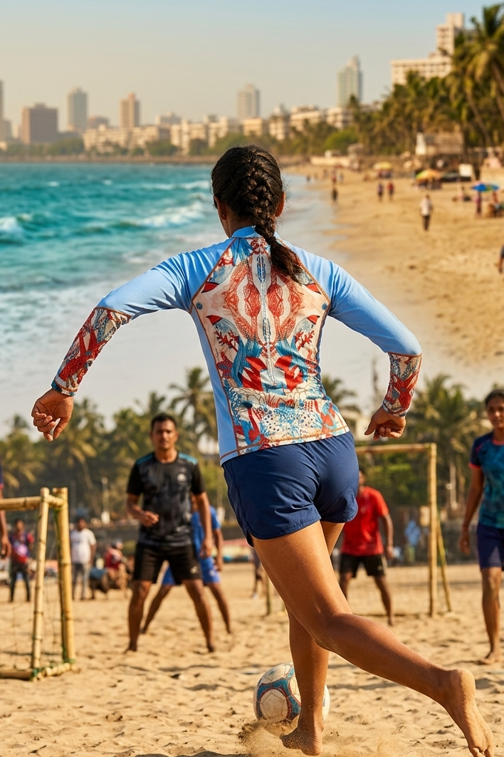 Designer, unisex Firenze rash guard made from quick-dry sustainable fabric in blue with an oceanic design, long sleeves, front zip, SPF 50 UV protection & plus sizes.
