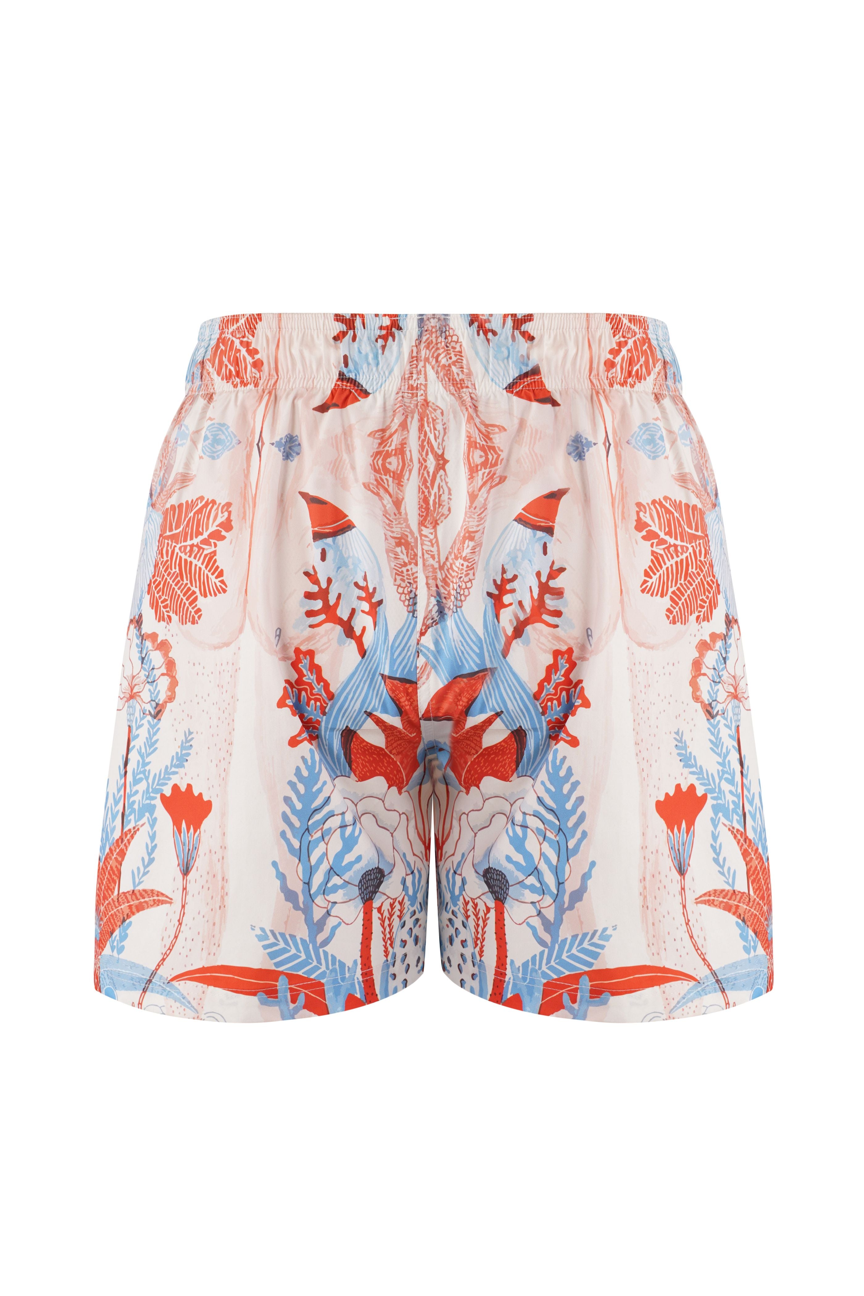 Designer Firenze shorts for men in artistic tropical printed sustainable fabric, elastic waistband, adjustable drawstring ,plus sizes and matching family set. Comfortable swimwear shorts for kids.