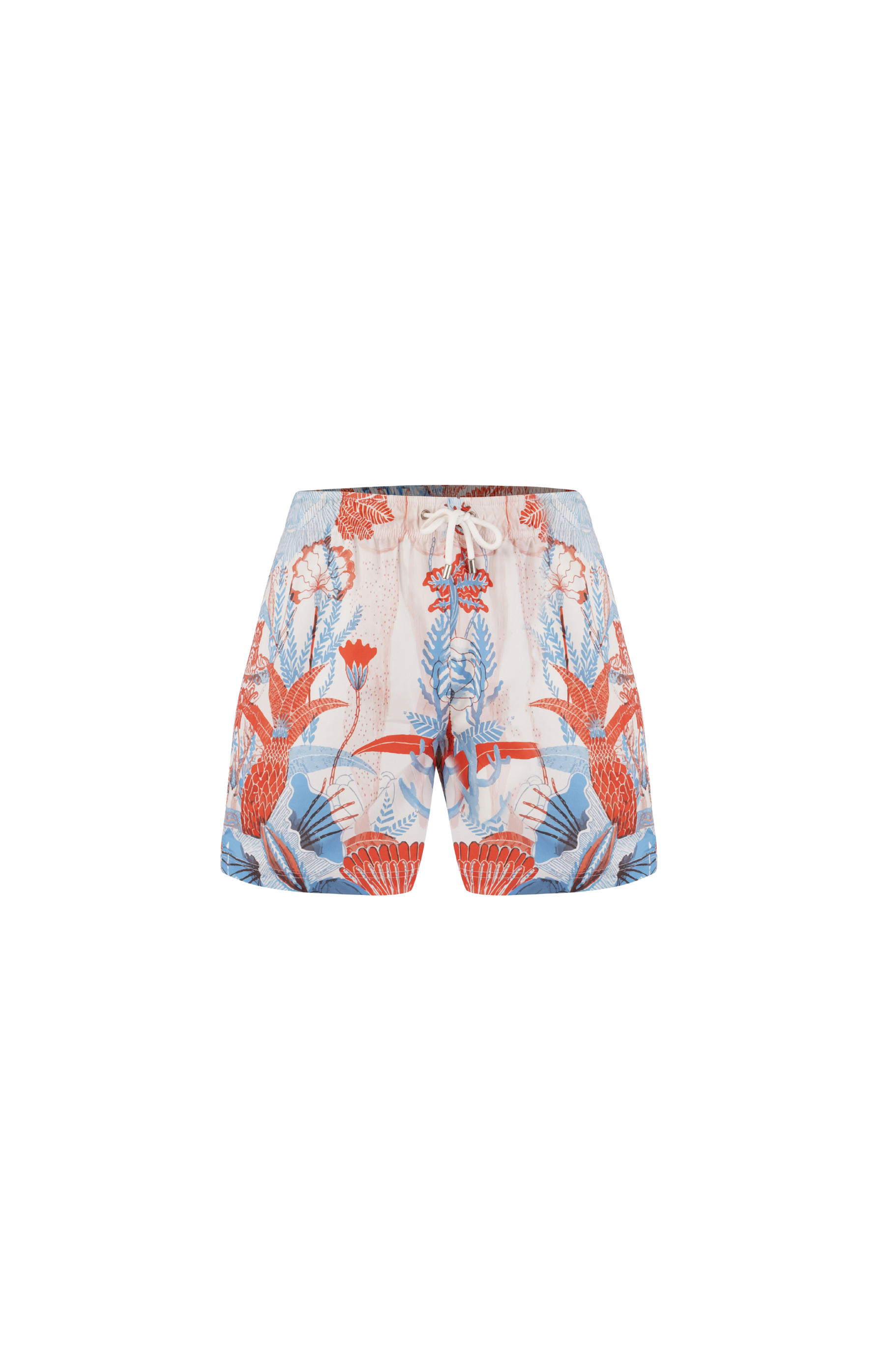 Designer Firenze shorts for men in artistic coral printed sustainable fabric, elastic waistband, adjustable drawstring ,plus sizes and matching family set. Comfortable swimwear shorts for kids.