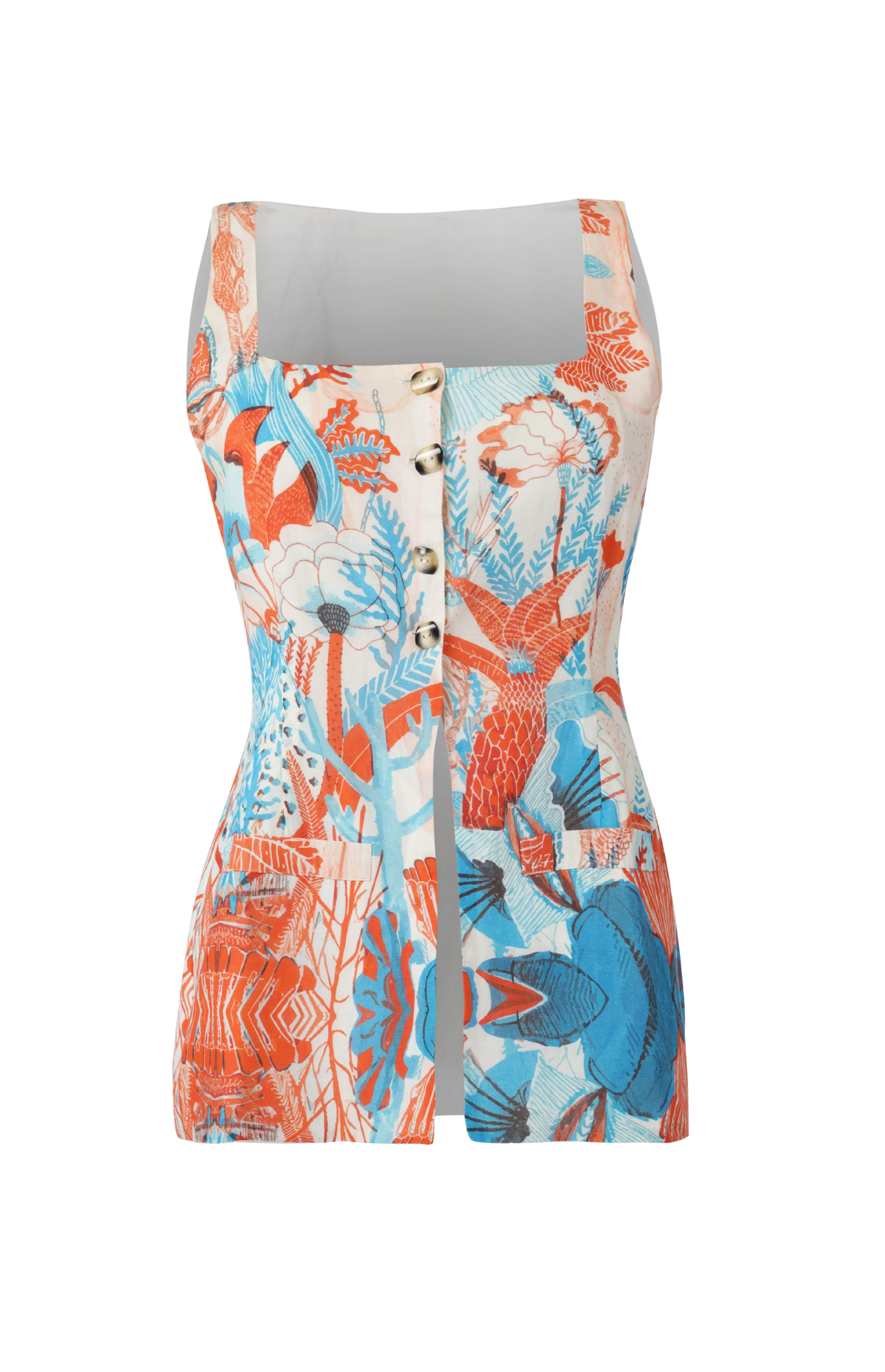 Designer sleeveless Firenze Vest top for women in sustainable, tropical printed quick-dry fabric and plus sizes. Stylish, comfortable beachwear for holiday outings.