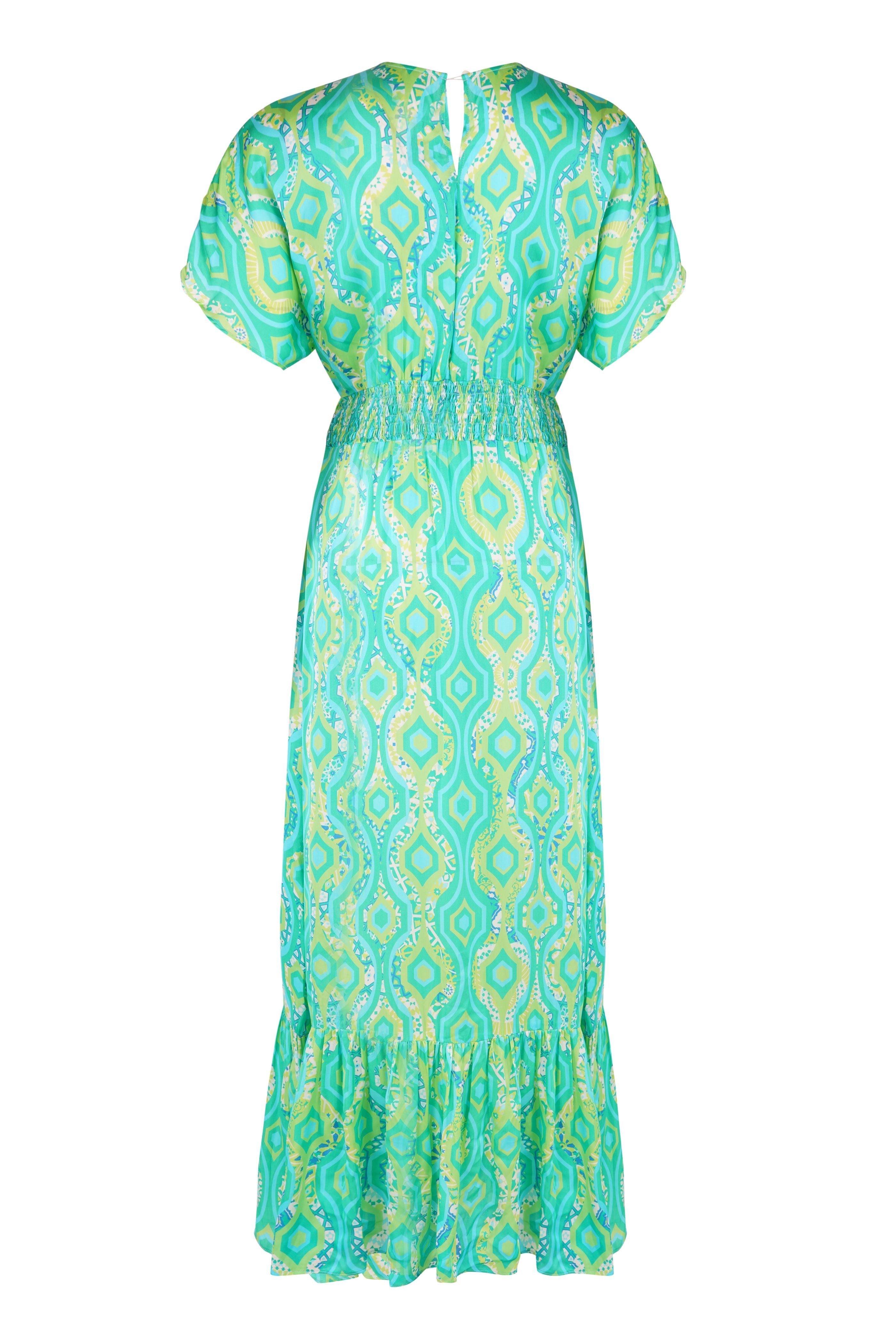 Designer Marine Meadows Kaftan for women in green lightweight satin fabric with a V neckline, front knot, short sleeves and flowing skirt with ruffled hem.Stylish beachwear and resort wear dress.