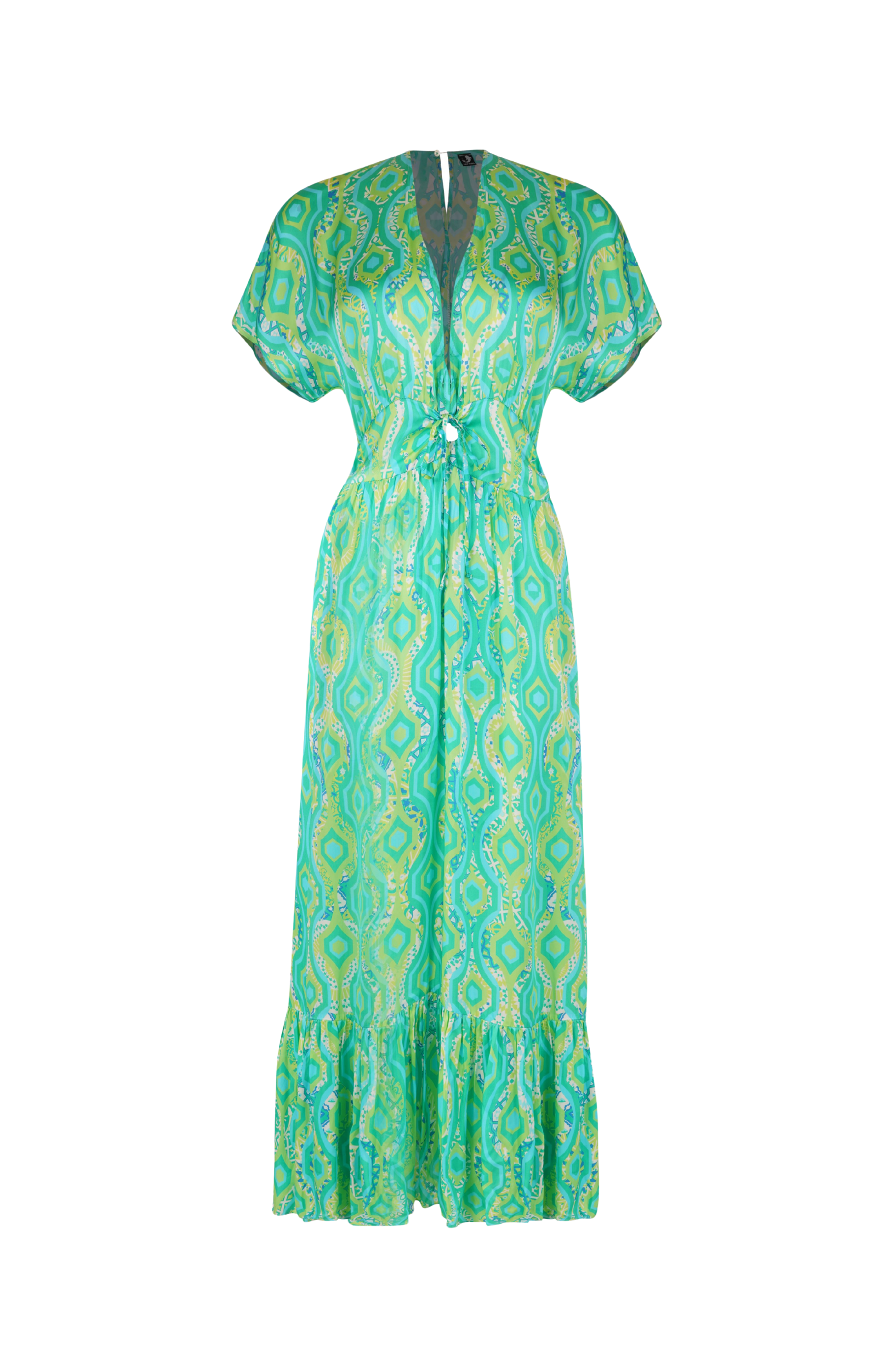 Designer Marine Meadows Kaftan in green, sustainable fabric and plus sizes. Comfortable, stylish beach dress for holiday outings.