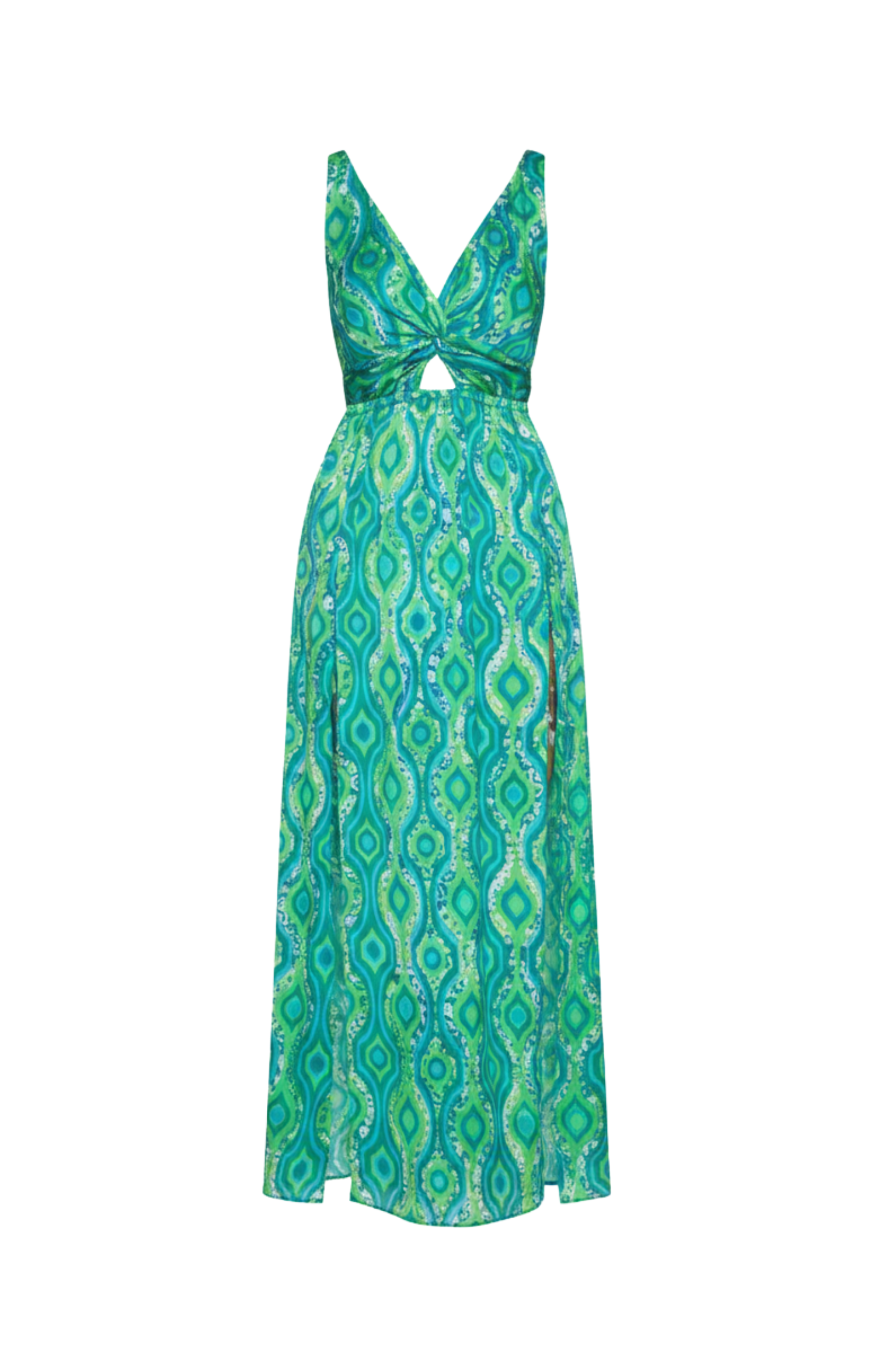 Marine Meadows designer beachwear green satin dress with side cut outs, plus sizes and lightweight comfort. Stylish maxi dress for holiday outings.
