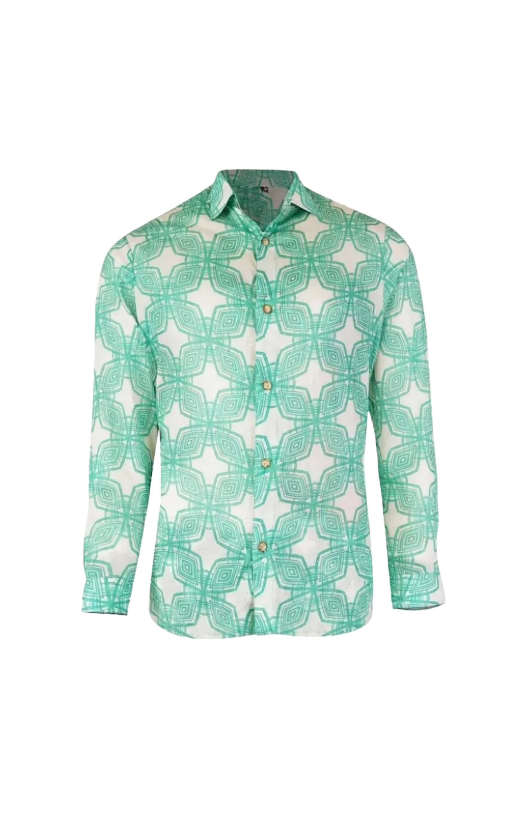 Designer Milano beach shirt for men in sustainable, quick-dry green printed fabric, full sleeves for sun protection, custom fit, plus sizes and matching family set. Comfortable beachwear for summer outings