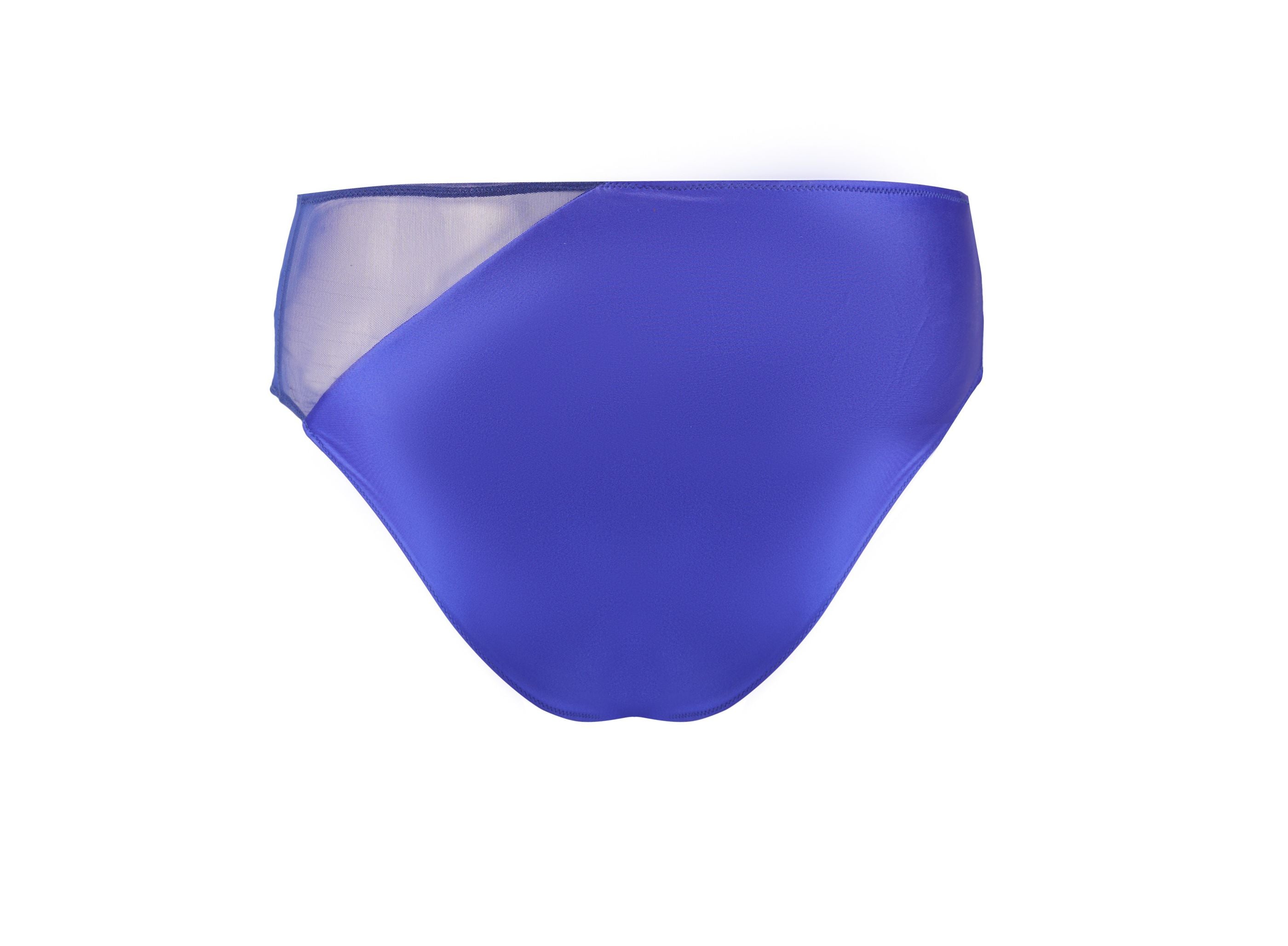 Designer Naples Bikini Bottom for women in light and dark blue, with sheer mesh panel, mid-waist fit and plus sizes. Stylish, customizable swimwear for sexy summer looks.