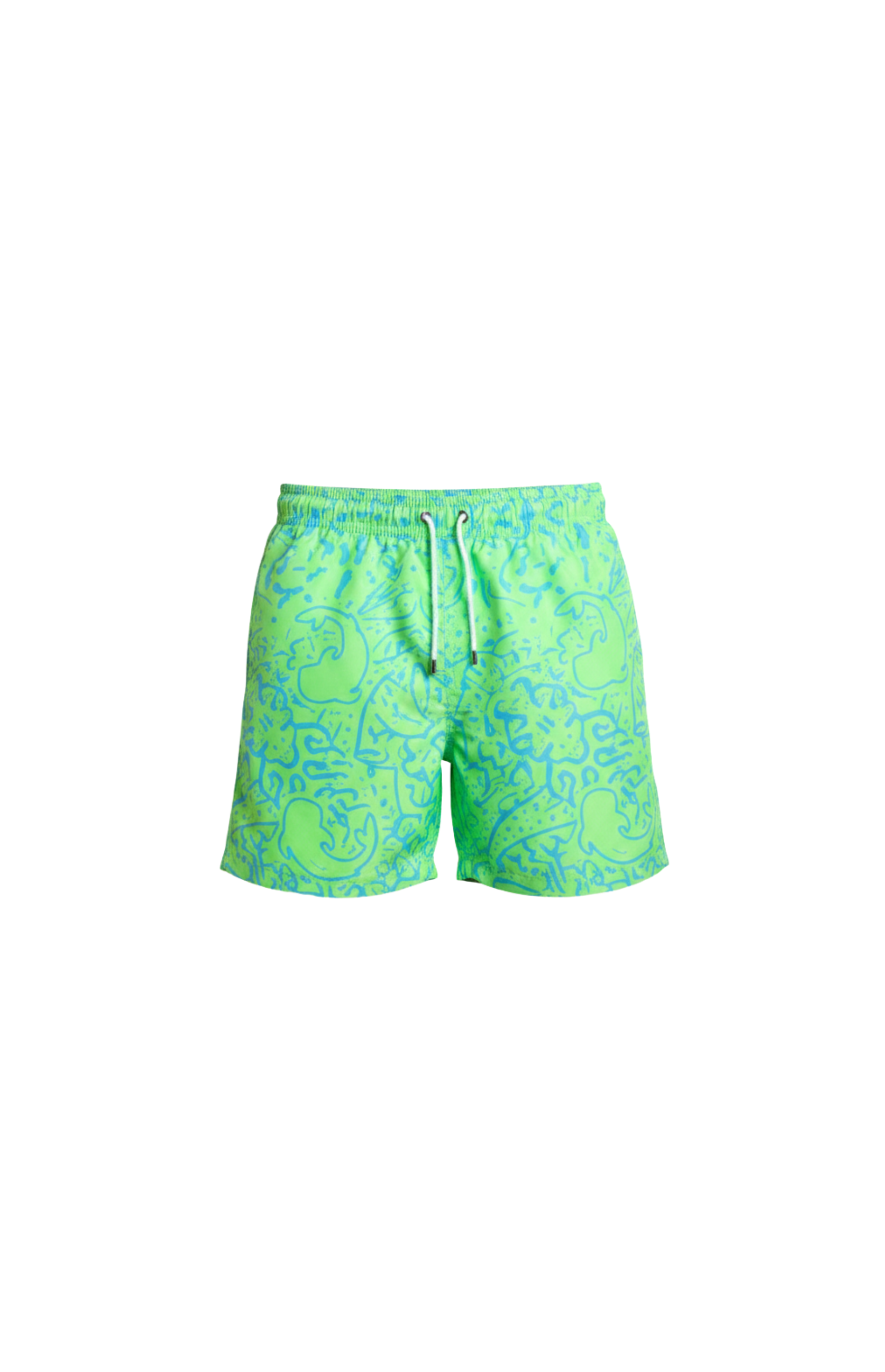 Designer Napoleon Magic Board Shorts for men in quick-dry lime green fabric with elastic waistband, adjustable drawstring and plus sizes. Swim shorts for beach, resort or any summer outings.