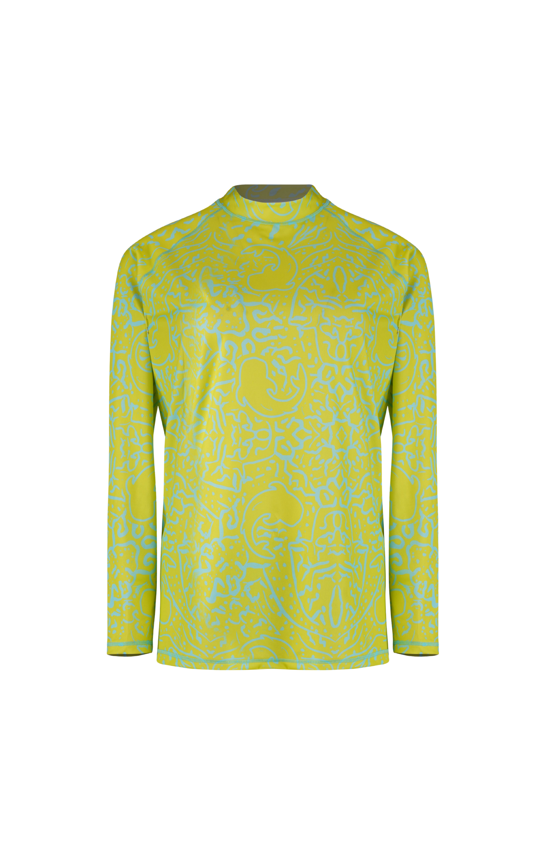 Designer, unisex Napoleon Rash guard swimwear essential in quick-dry green sustainable fabric, high neckline, long sleeves for SPF 50 + sun protection. Customizable and in plus sizes for summer fun.