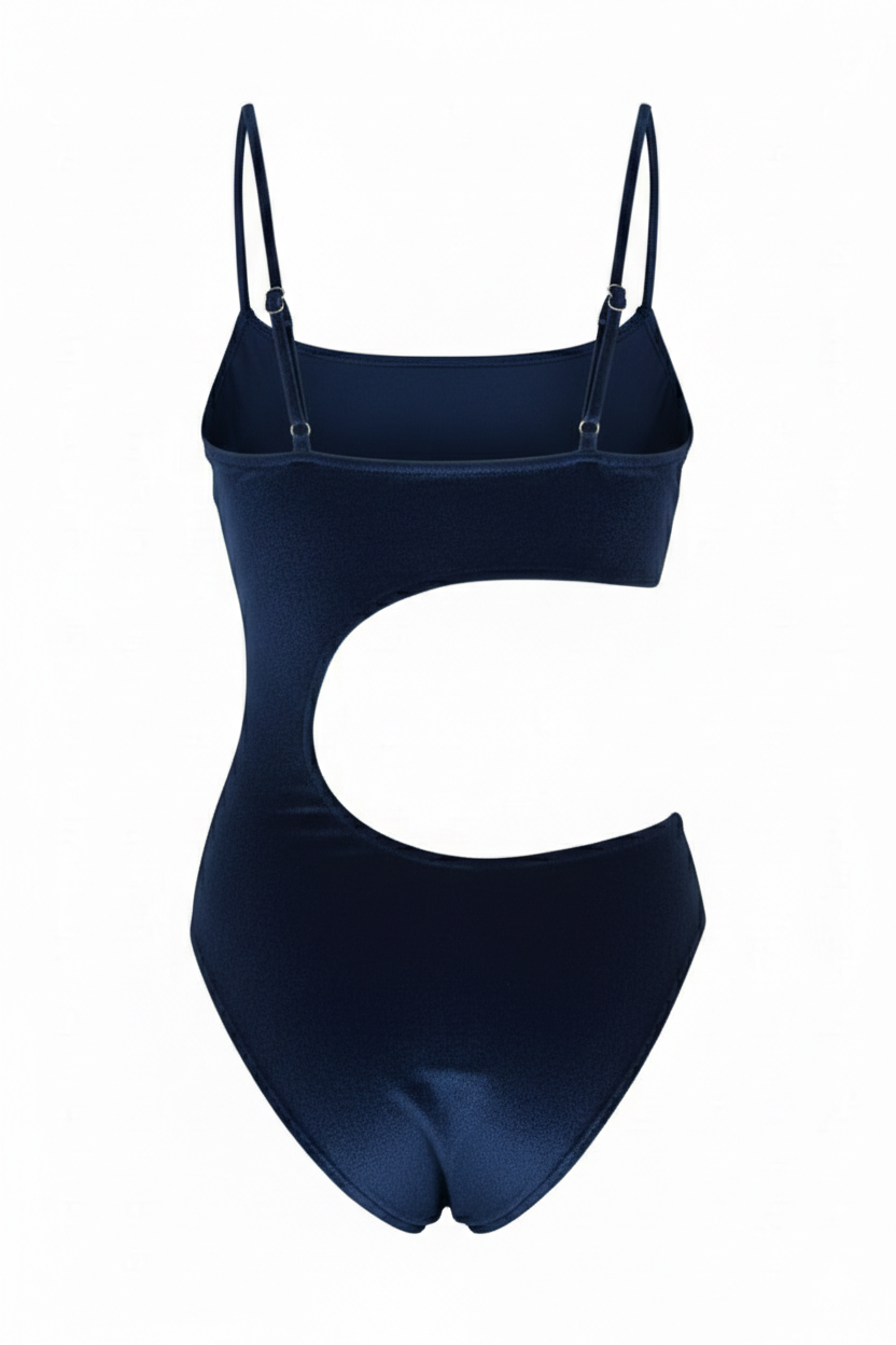 Designer Aquamarine monokini one-piece swimsuit for women in purple and blue with stylish torso cut out, adjustable straps, removable cups and plus sizes. Stylish swimwear designed for sexy summer looks.