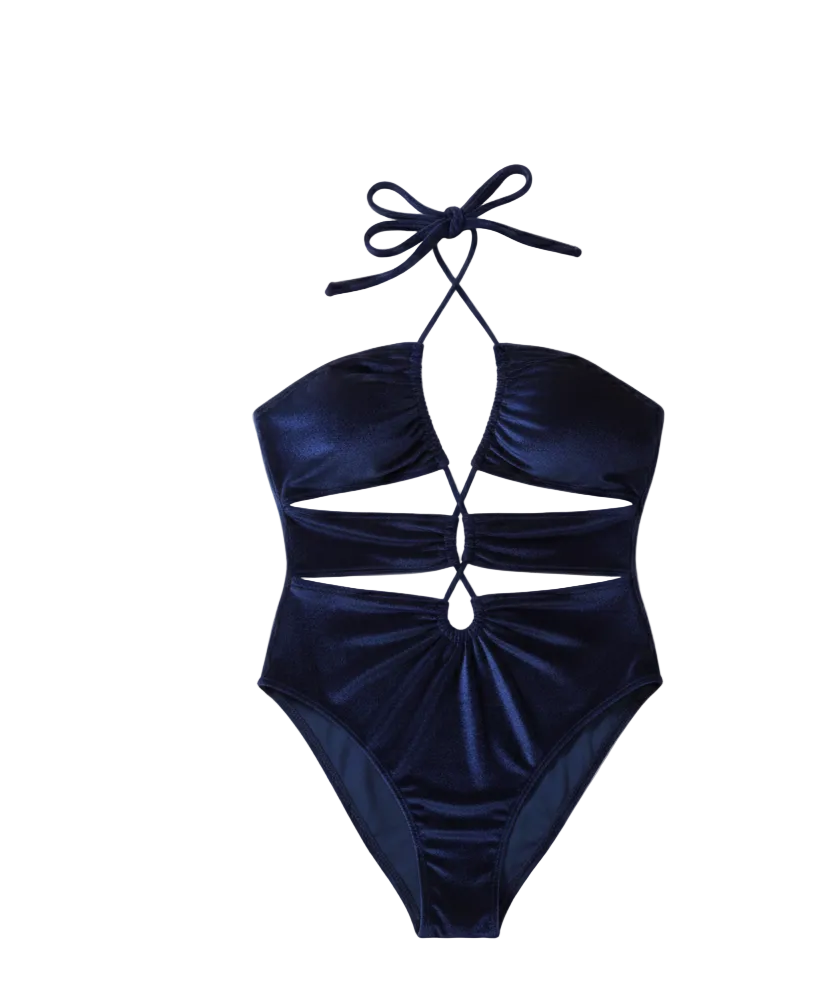 Navy Blue strappy cut-out bikini set with crisscross detail and high-waisted bottoms, statement beach swimwear