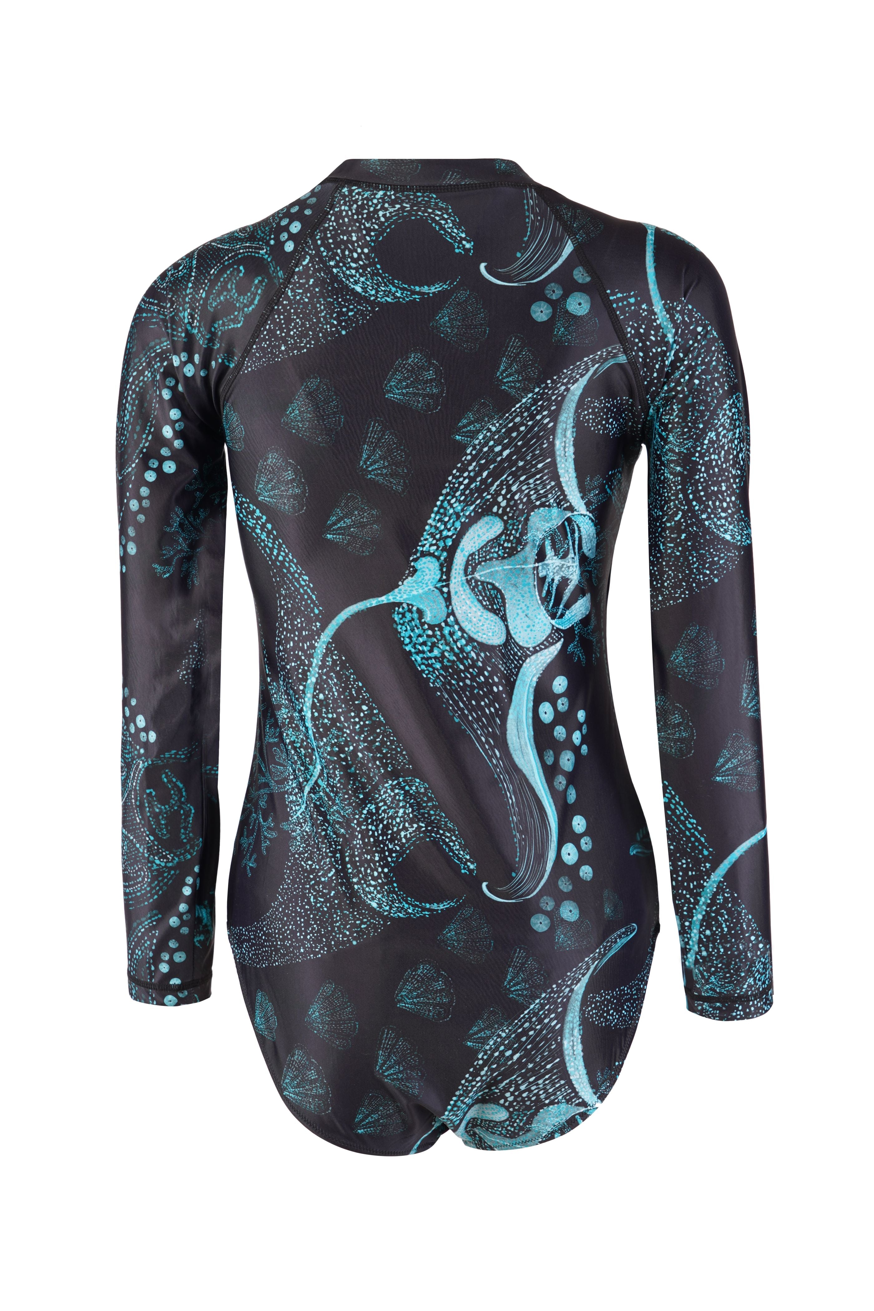 Designer, sustainable Night Dive Body Suit for women in black quick-dry fabric, with a front zip and long sleeves for SPF 50 + sun protection. Customizable and in plus sizes for summer fun.
