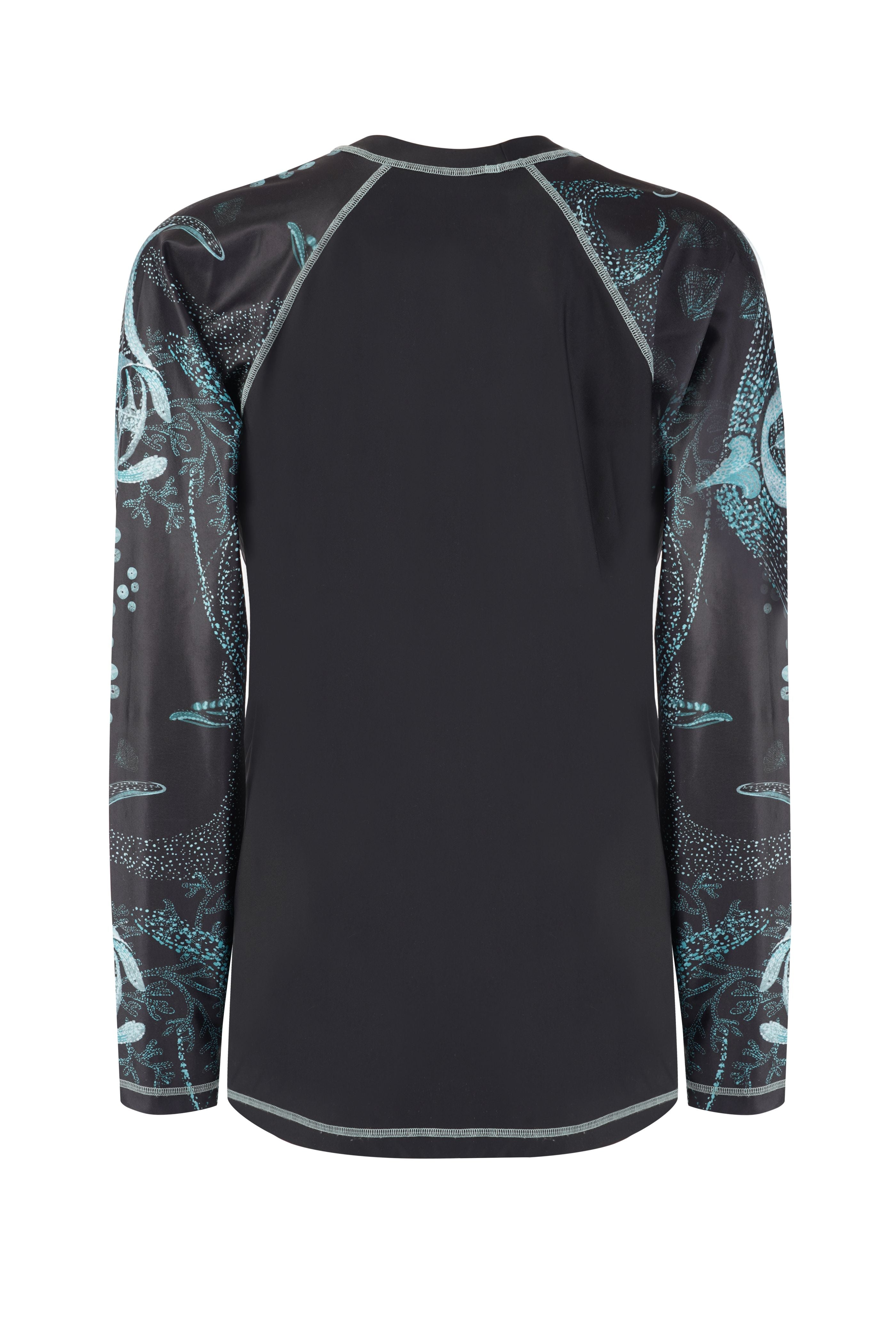 Designer, unisex Night Dive Rash guard in quick-dry black sustainable fabric, with aquatic prints, long sleeves for SPF 50 + sun protection. Customizable and in plus sizes for summer fun.