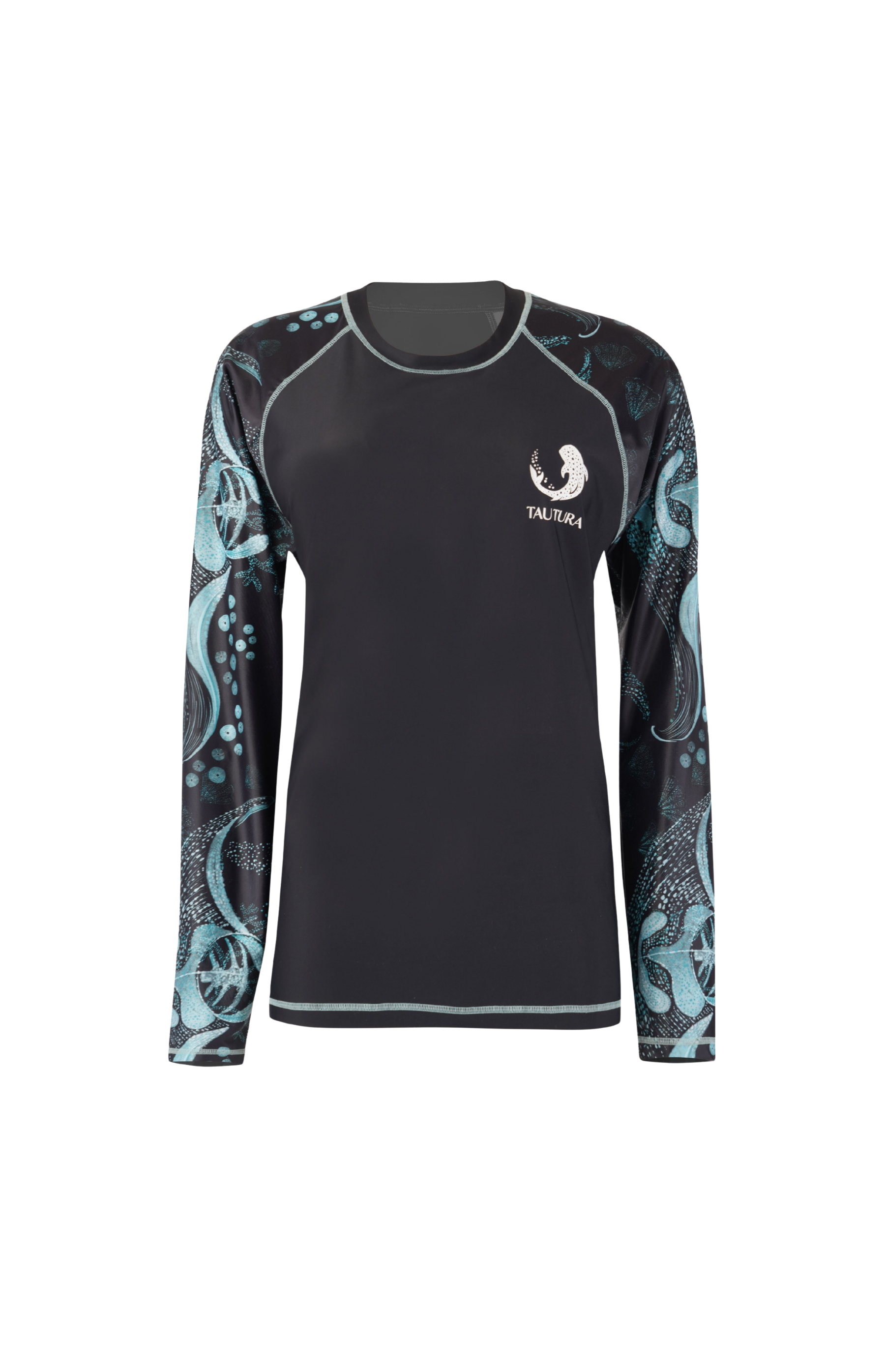 Designer, unisex Night Dive Rash guard in quick-dry black sustainable fabric, with aquatic prints, long sleeves for SPF 50 + sun protection. Customizable and in plus sizes for summer fun.