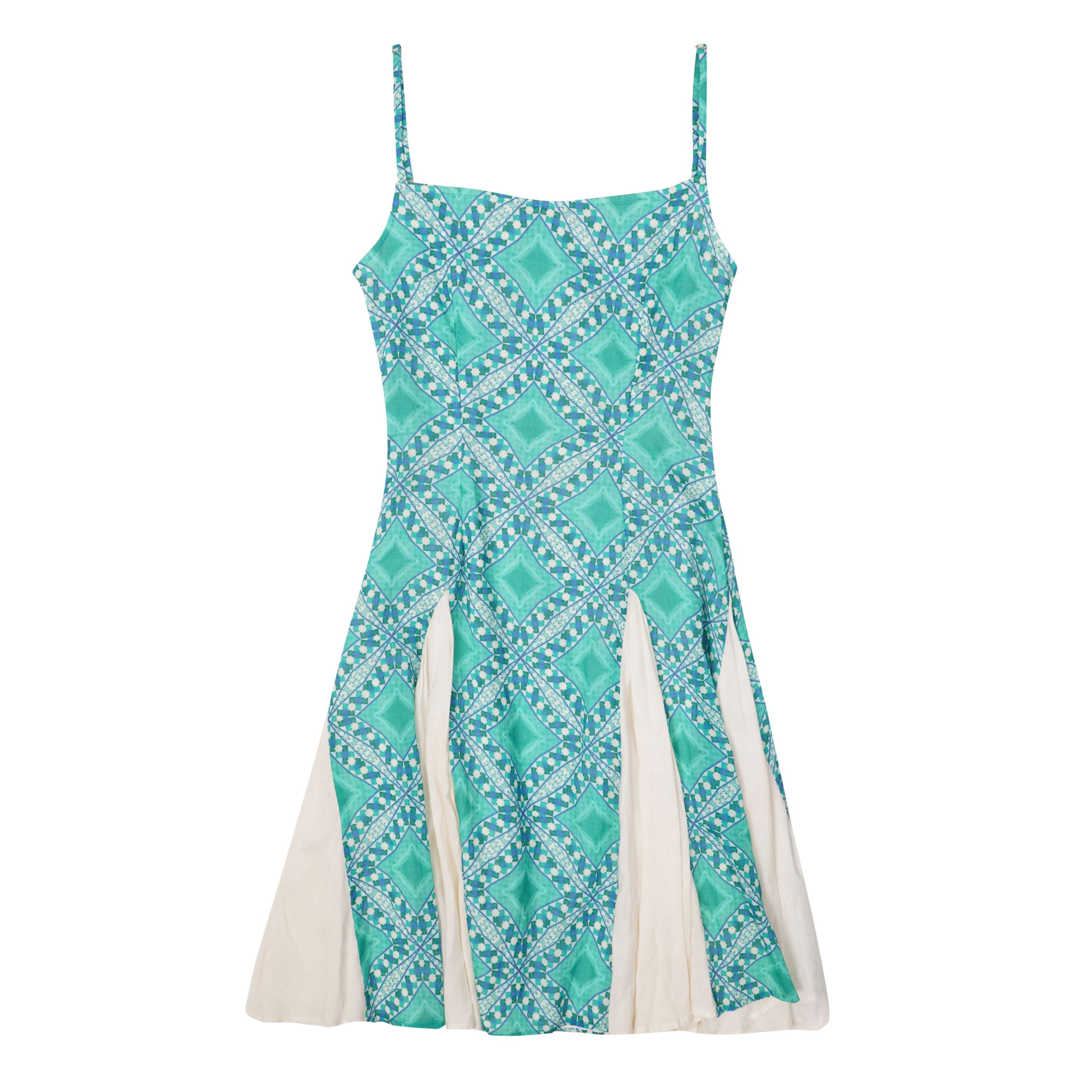 Designer, sustainable Palermo dress for women with geometric print, straight neckline, spaghetti straps, A-line skirt with white panels and matching family set. Stylish beachwear and resort wear for holiday outings.