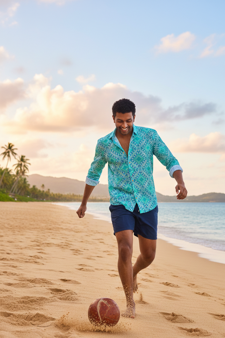 Designer Palermo Shirt for men in quick dry sustainable fabric with full sleeves, geometric print ,easy button up and matching family sets. Customizable and in plus sizes. Comfortable beachwear and resort wear for holiday outings.
