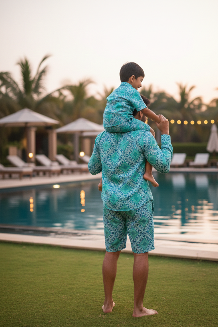 Designer Palermo shorts for boys in quick-dry fabric with geometric print, elastic waistband, drawstring and matching family set. Customizable and in plus sizes. Comfortable and lightweight swimwear for holiday outings.