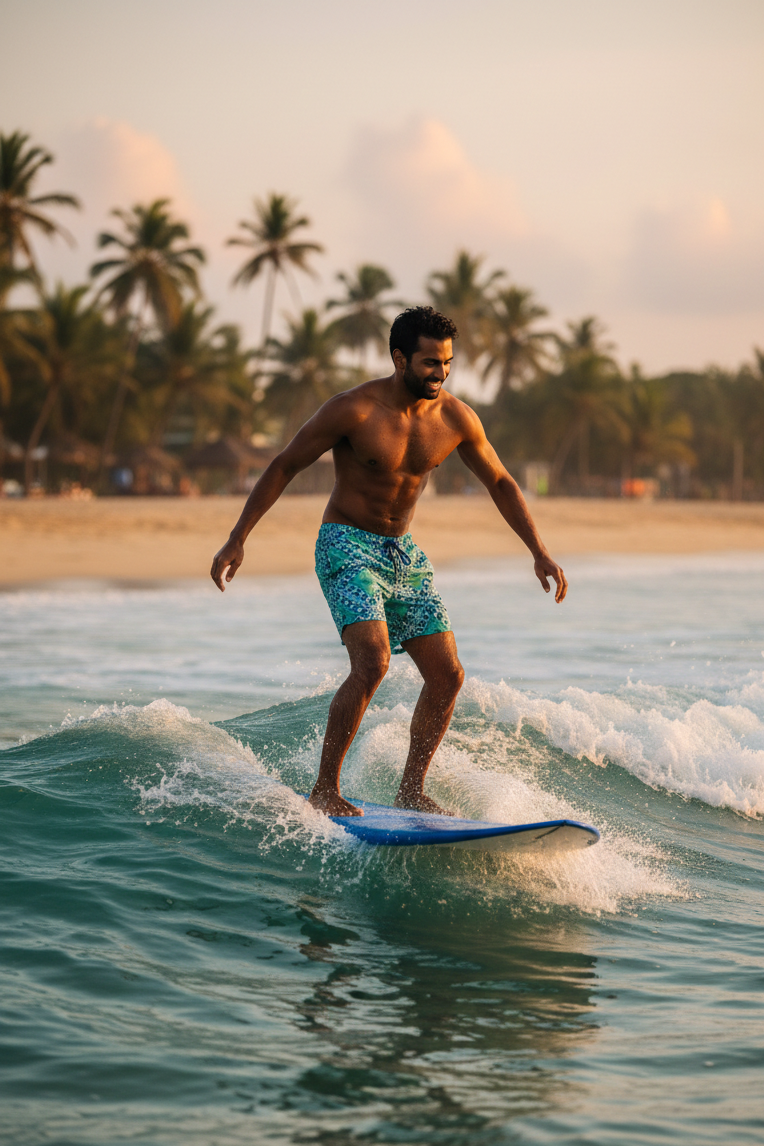 Designer Palermo men's swim shorts, in sustainable, multi colour, quick-dry fabric with elastic waistband, adjustable drawstring, plus sizes and family set. Comfortable swimwear for beach and holiday outings.