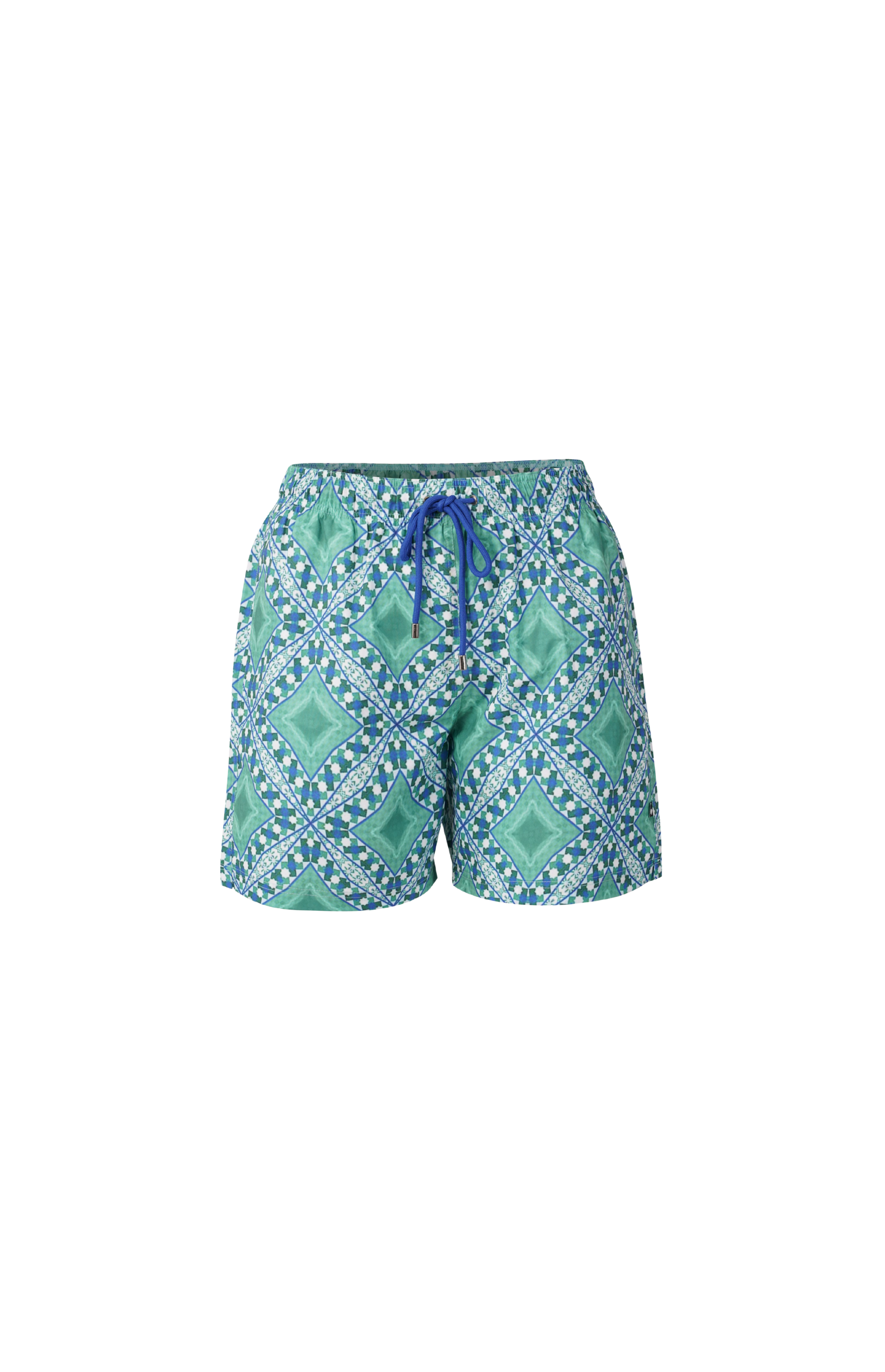 Designer Palermo boy's swim shorts, in sustainable, multi colour, quick-dry fabric with elastic waistband, adjustable drawstring, plus sizes and family set. Comfortable swimwear for beach and holiday outings.