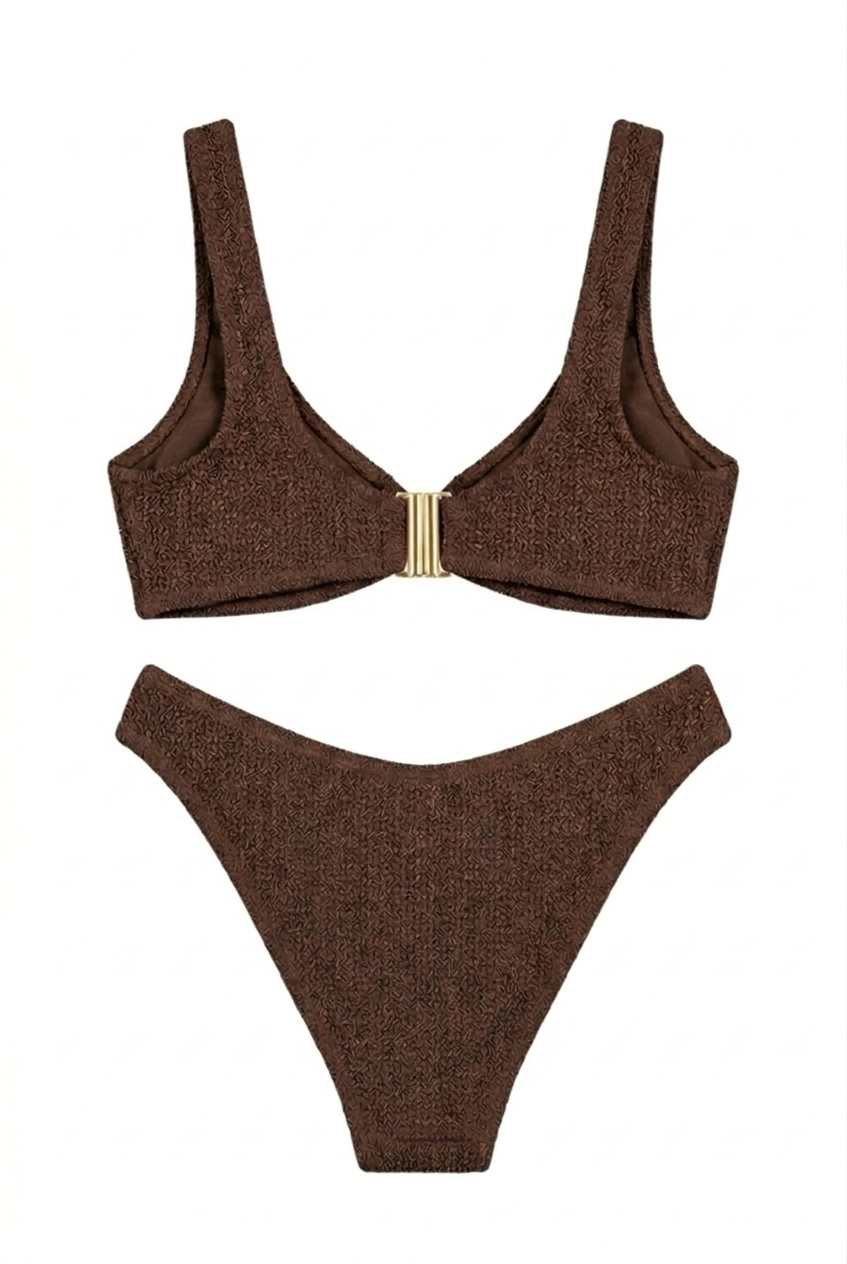 Designer Palm Springs bikini set for women in blue and brown crinkled fabric, with a scoop neckline, back clasp, removable cups and low waist bottom. Customizable and in plus sizes. Stylish swimwear bikini set for sexy summer looks.