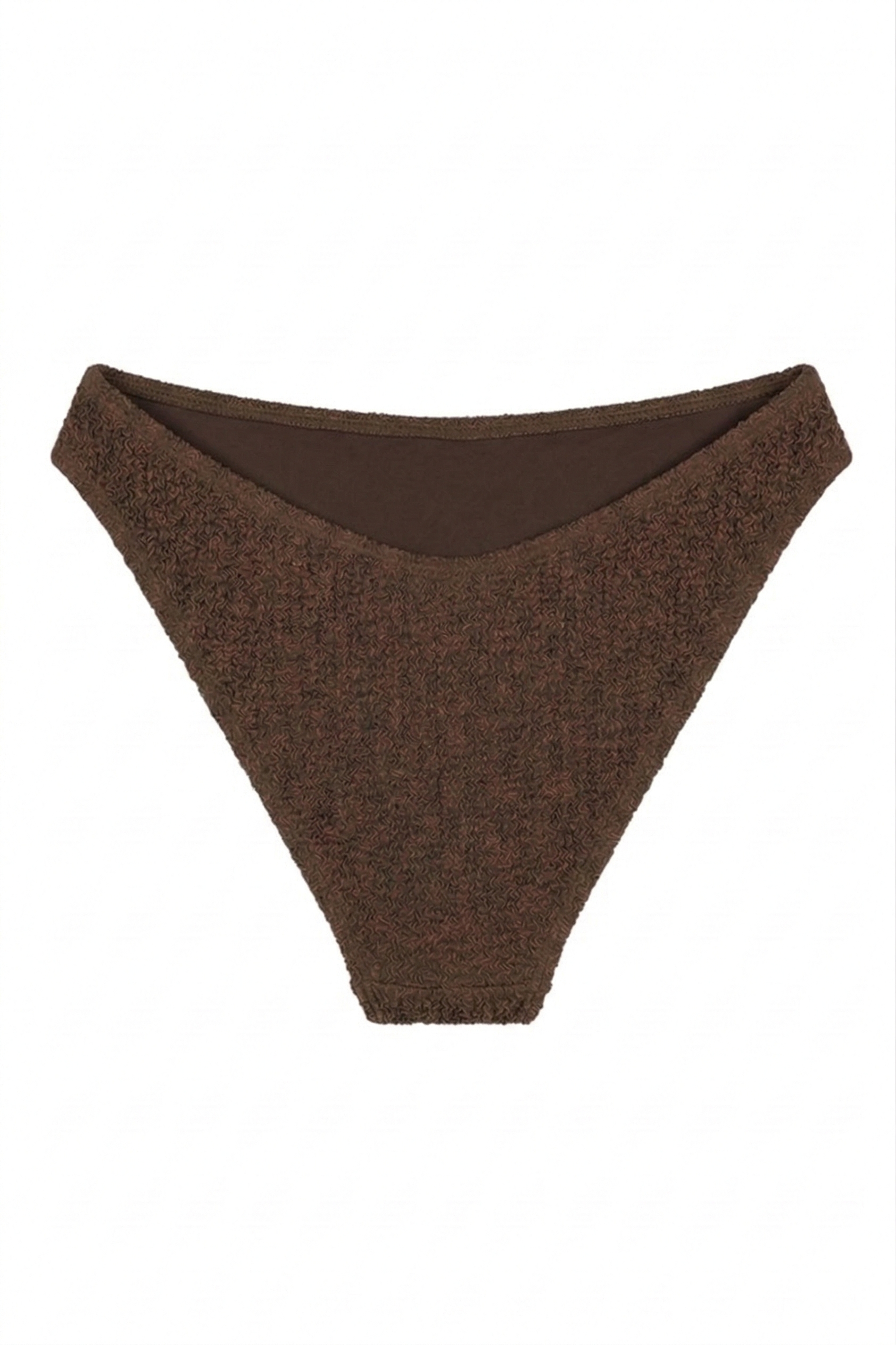 Designer Palm Springs bikini bottom for women in blue and brown crinkled fabric, low rise fit with regular coverage and high leg cut. Customizable and in plus sizes. Sexy swimwear bikini bottom for summers.