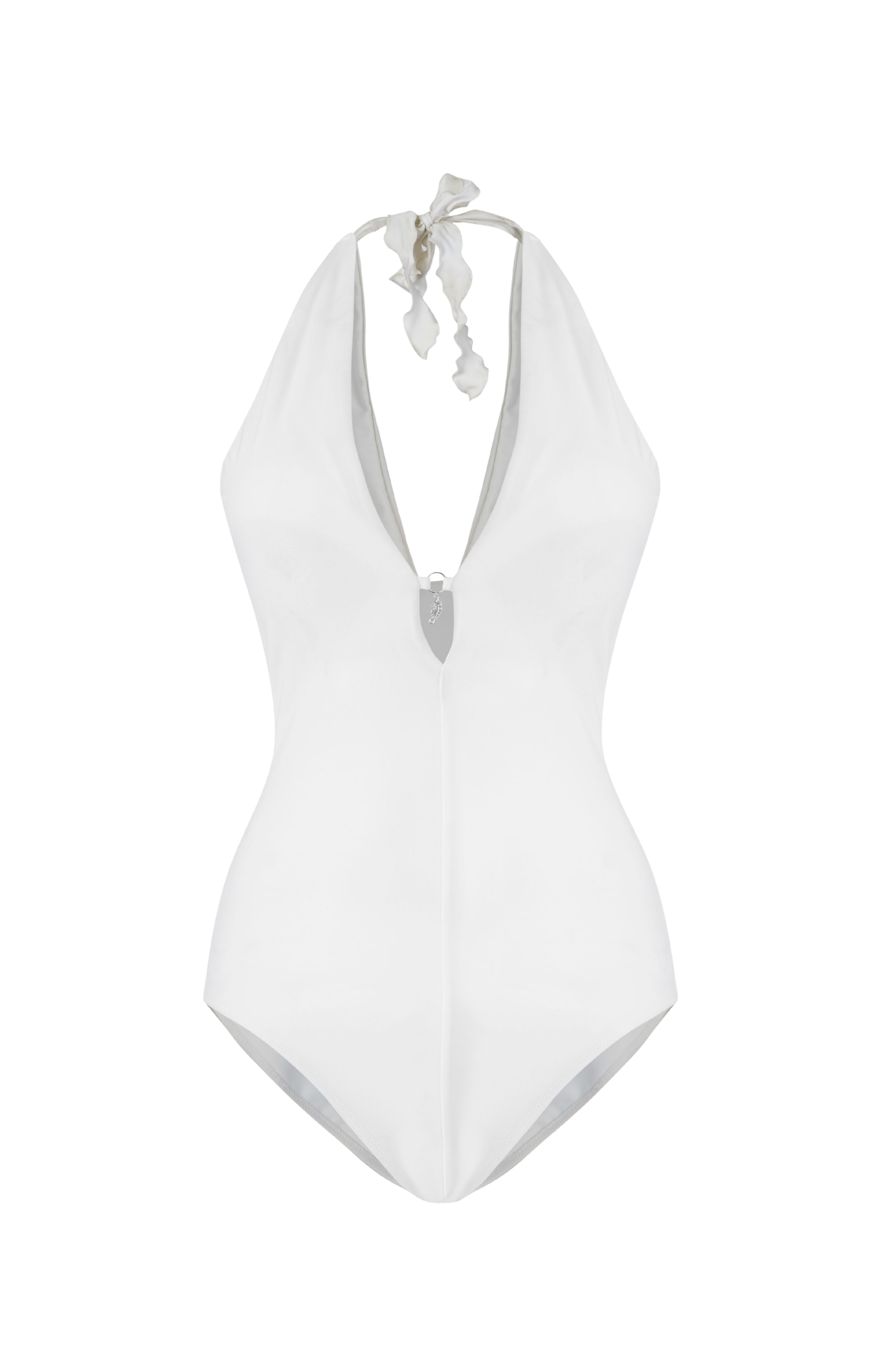 Designer Perla monokini one piece swimsuit for women with halter neck design, sea horse charm at the center, regular butt and medium back coverage. Customizable and in plus sizes. Stylish swimwear for sexy summer looks.