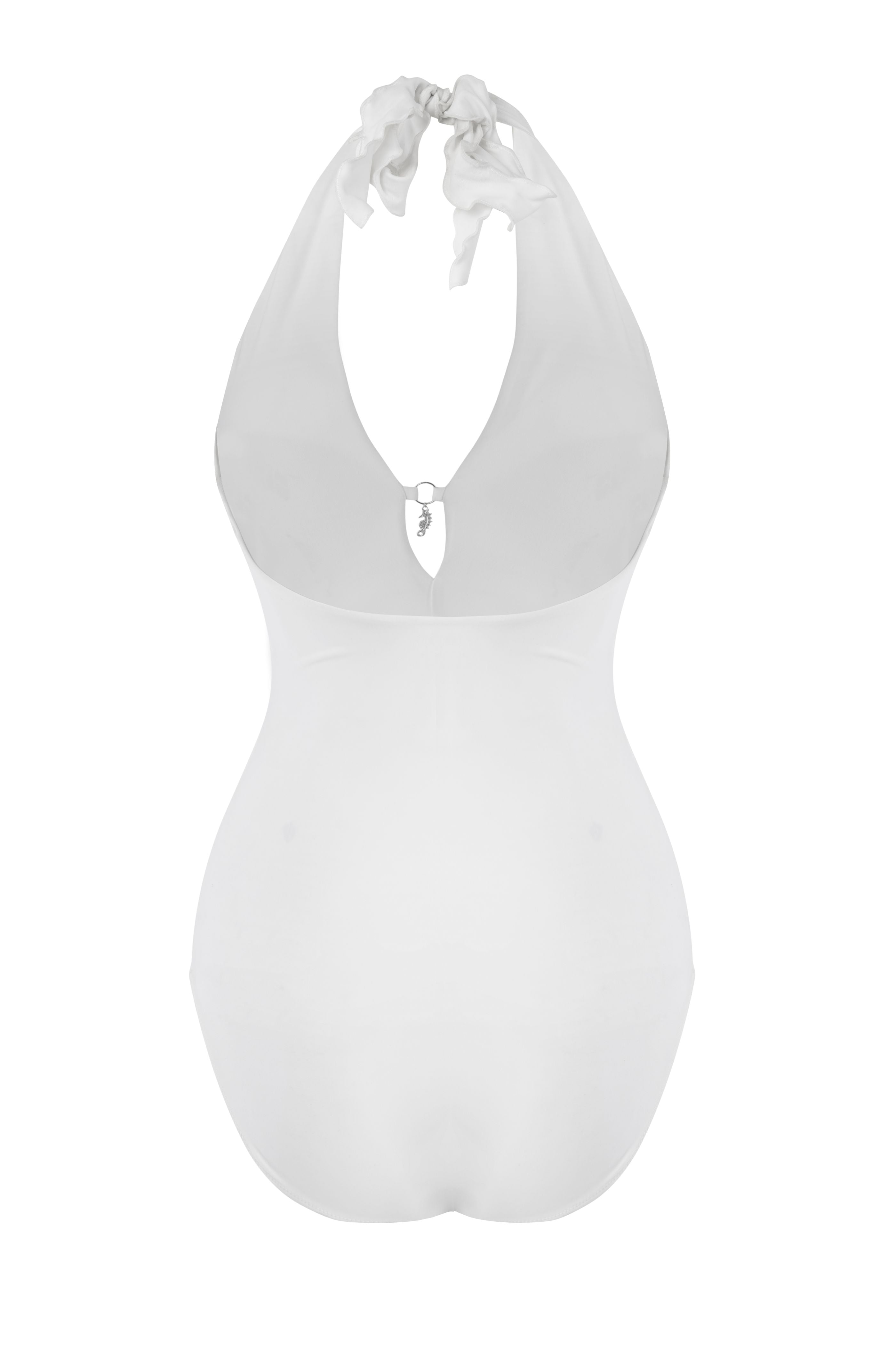 Designer Perla monokini one piece swimsuit for women with halter neck design, sea horse charm at the center, regular butt and medium back coverage. Customizable and in plus sizes. Stylish swimwear for sexy summer looks.