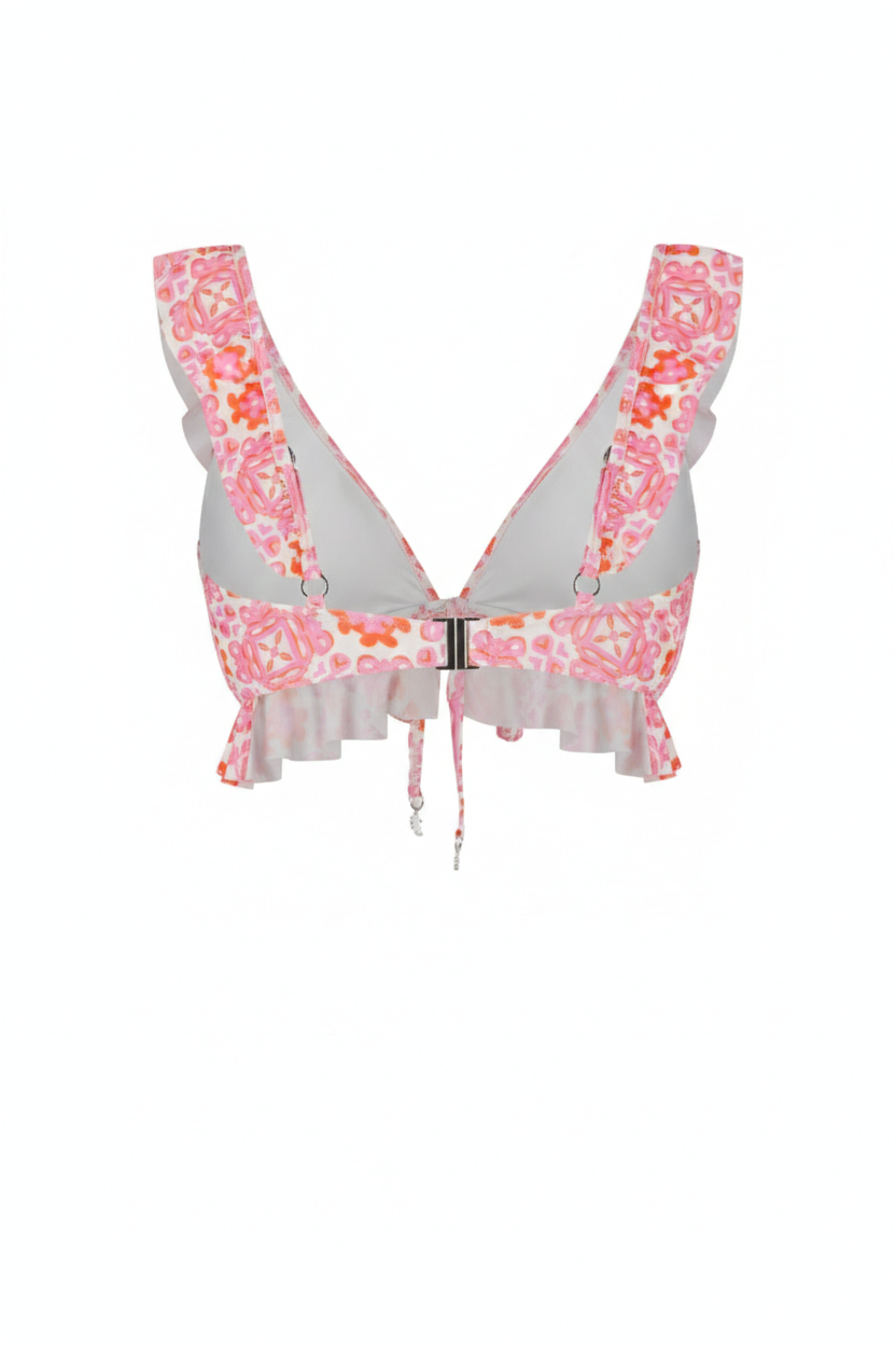 Designer Positano Bikini Top for women in sustainable, quick-dry floral printed fabric, with a V neckline, ruffle hem, back clasp, underwire, removable cups and plus sizes. Stylish bikini top for sexy summer looks