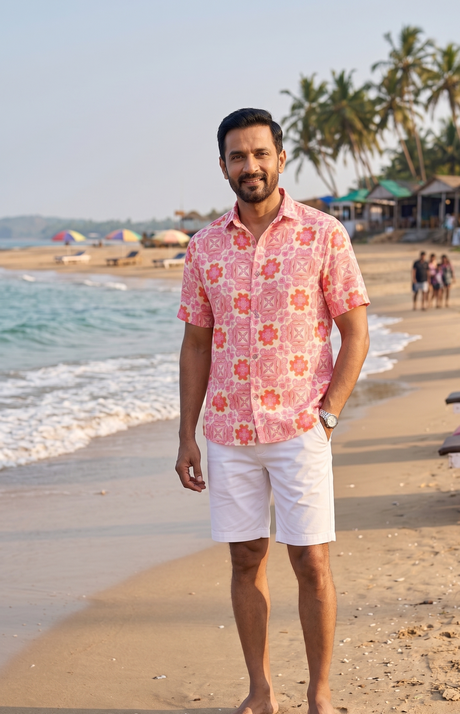 Designer Palermo Shirt for men in quick dry sustainable fabric with short sleeves, geometric floral print, easy button up and matching family sets. Customizable and in plus sizes. Comfortable beachwear and resort wear for holiday outings.