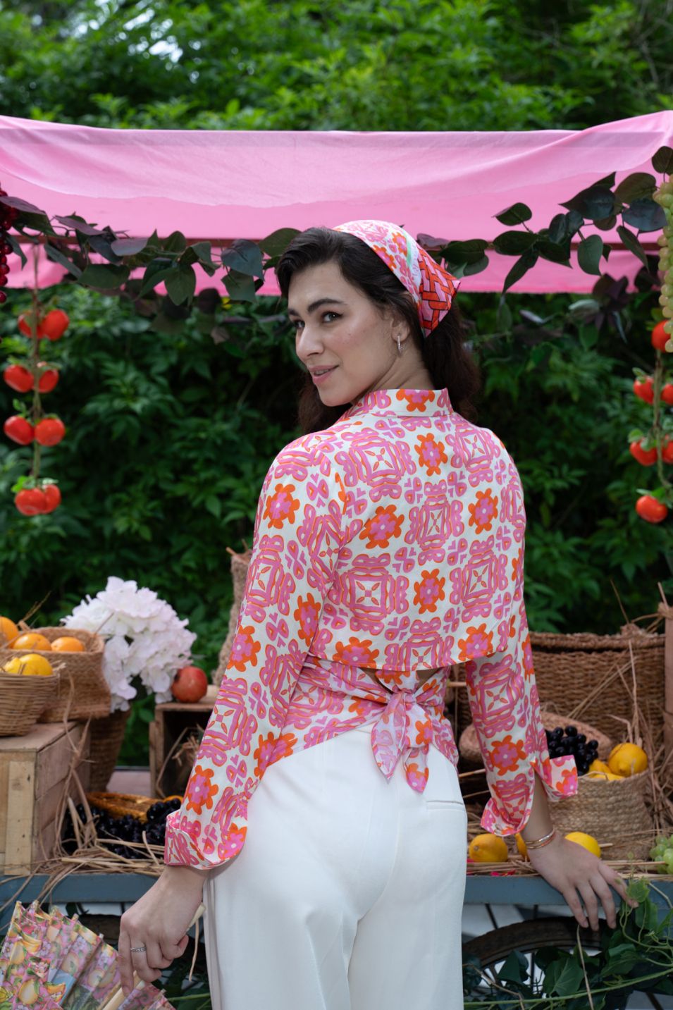 Positano shirt for women in breathable sustainable fabric with pink coral beachwear print and chic resort style